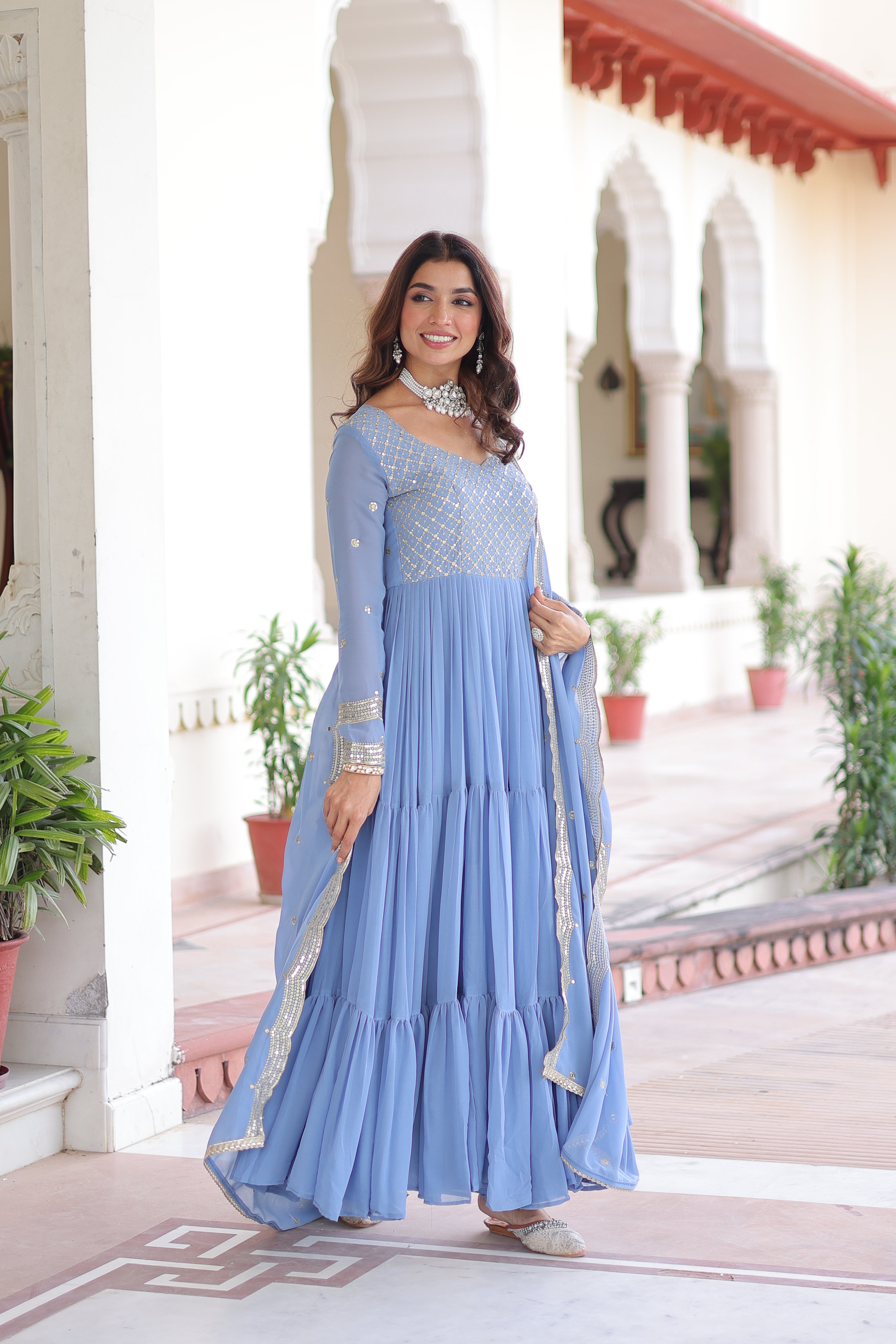 Georgette Zari Embroidered Gown With Dupatta