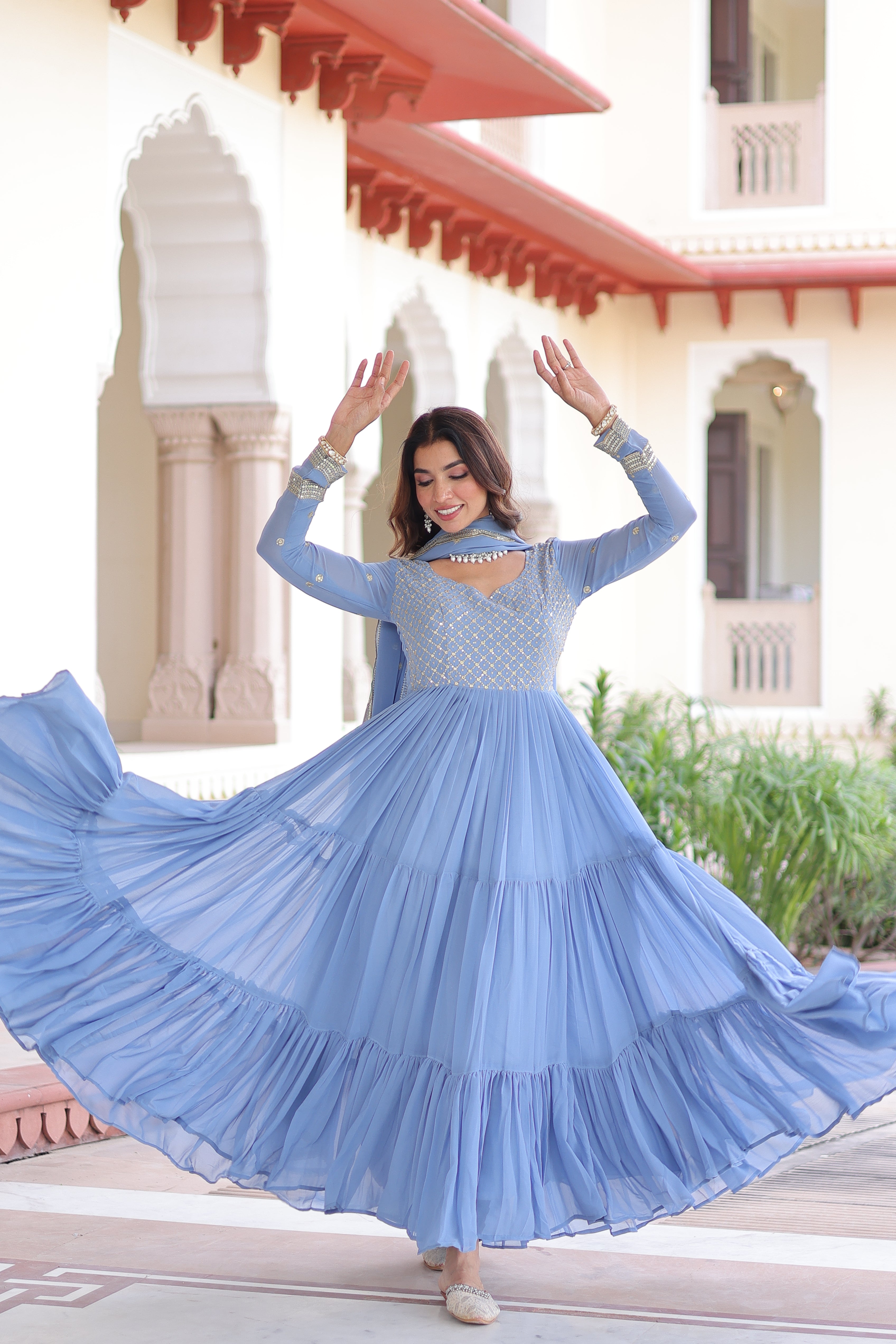 Georgette Zari Embroidered Gown With Dupatta