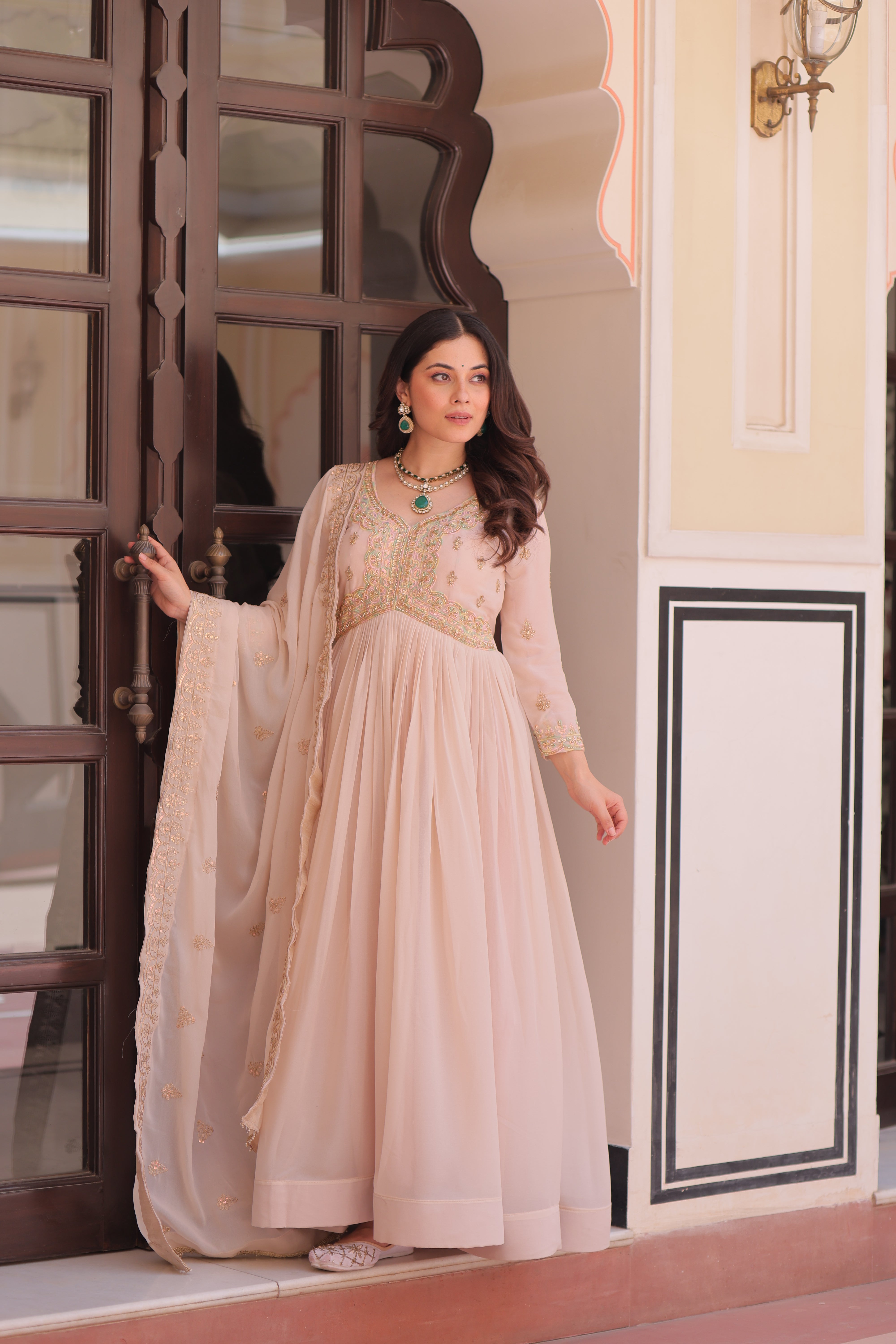 Georgette Thread Work Gown With Dupatta - Peach