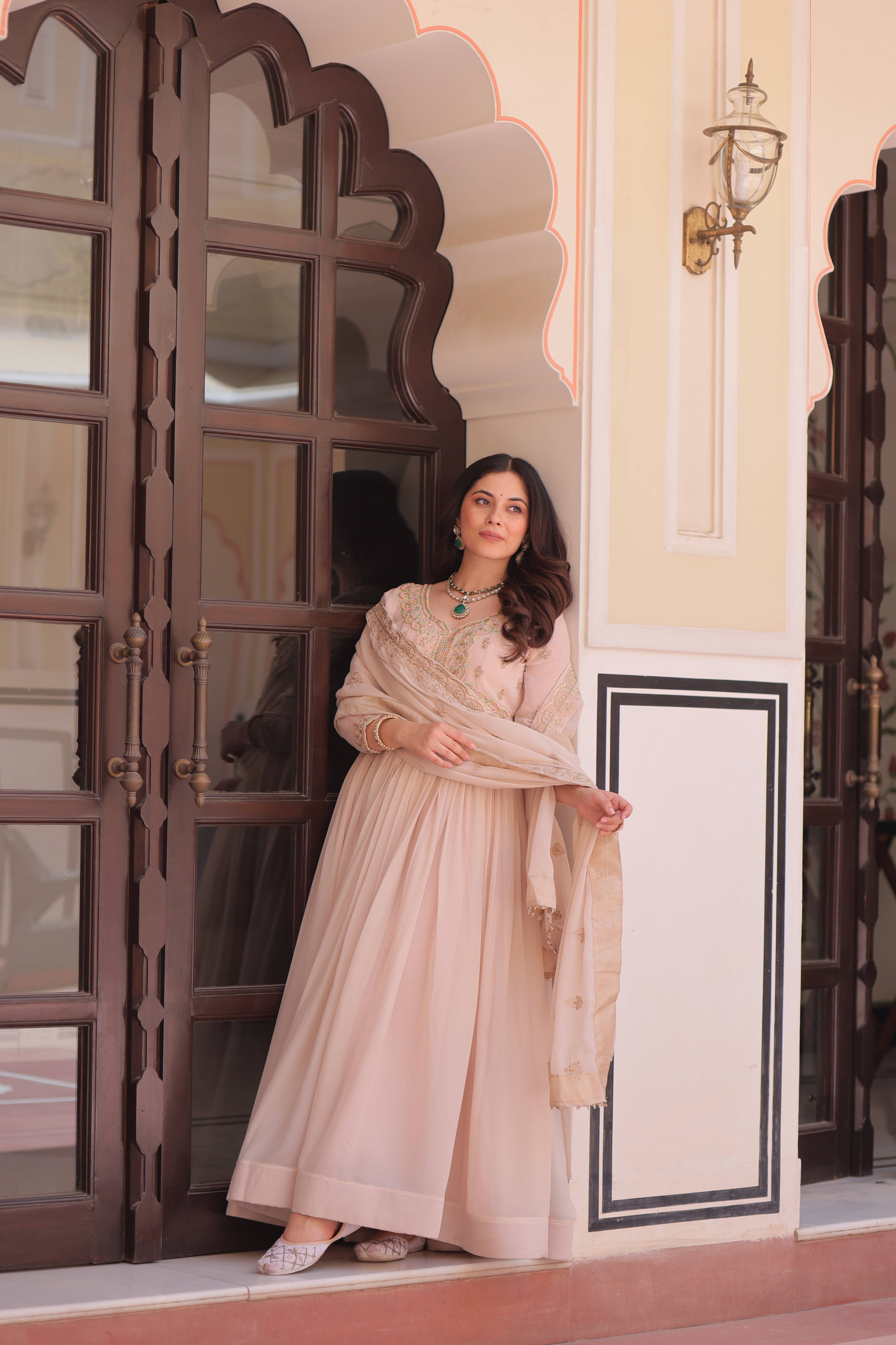 Georgette Thread Work Gown With Dupatta - Peach