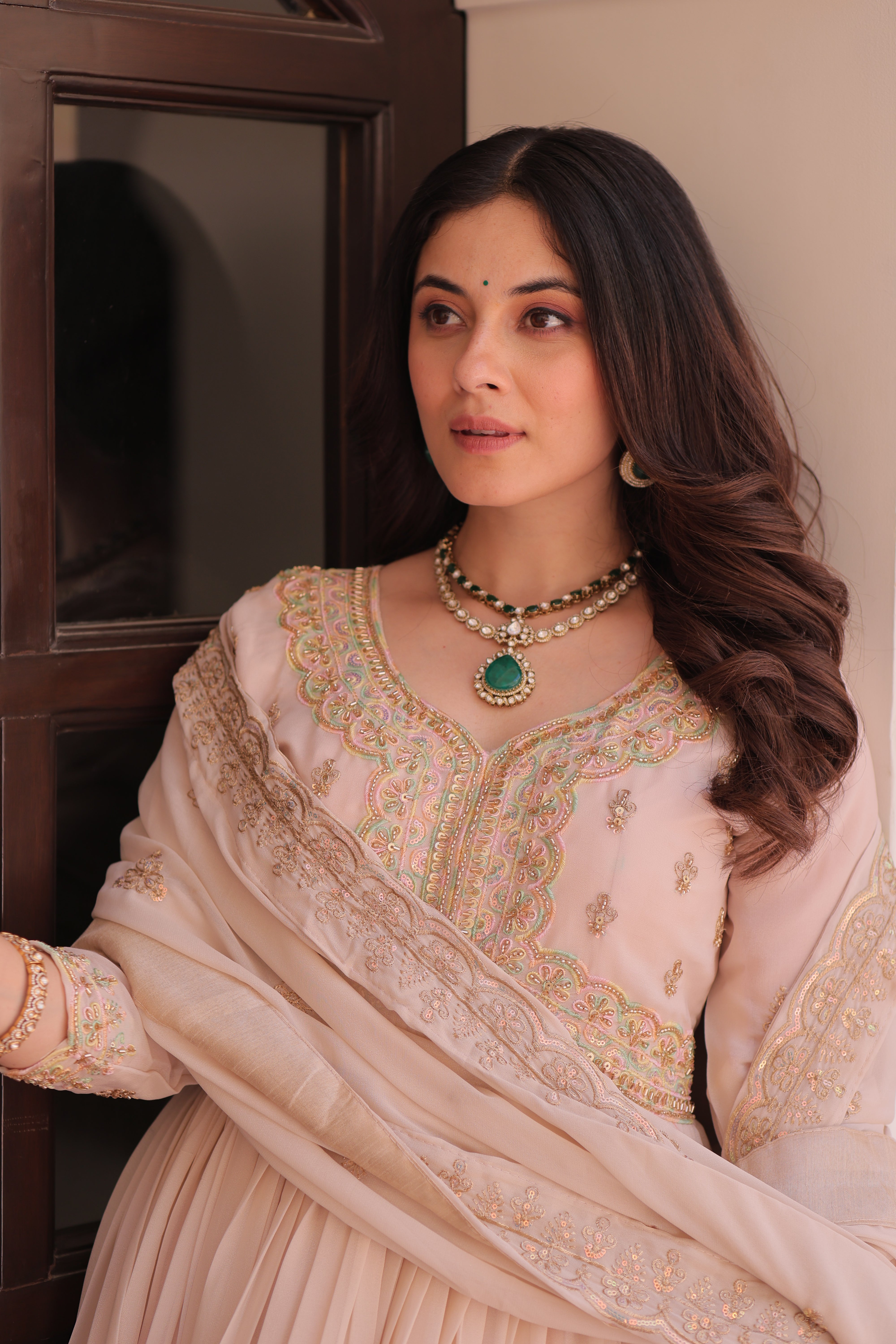 Georgette Thread Work Gown With Dupatta - Peach
