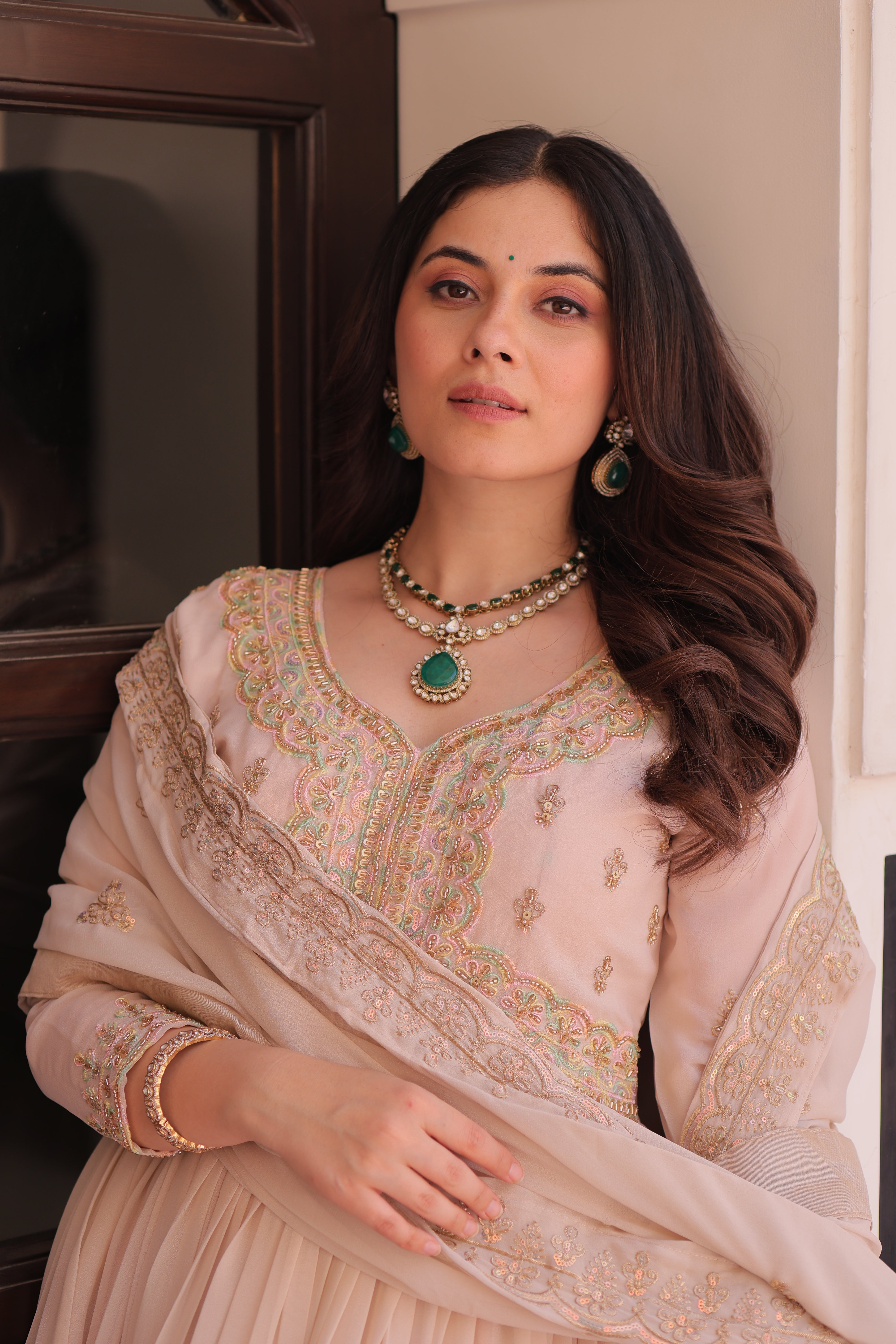 Georgette Thread Work Gown With Dupatta - Peach