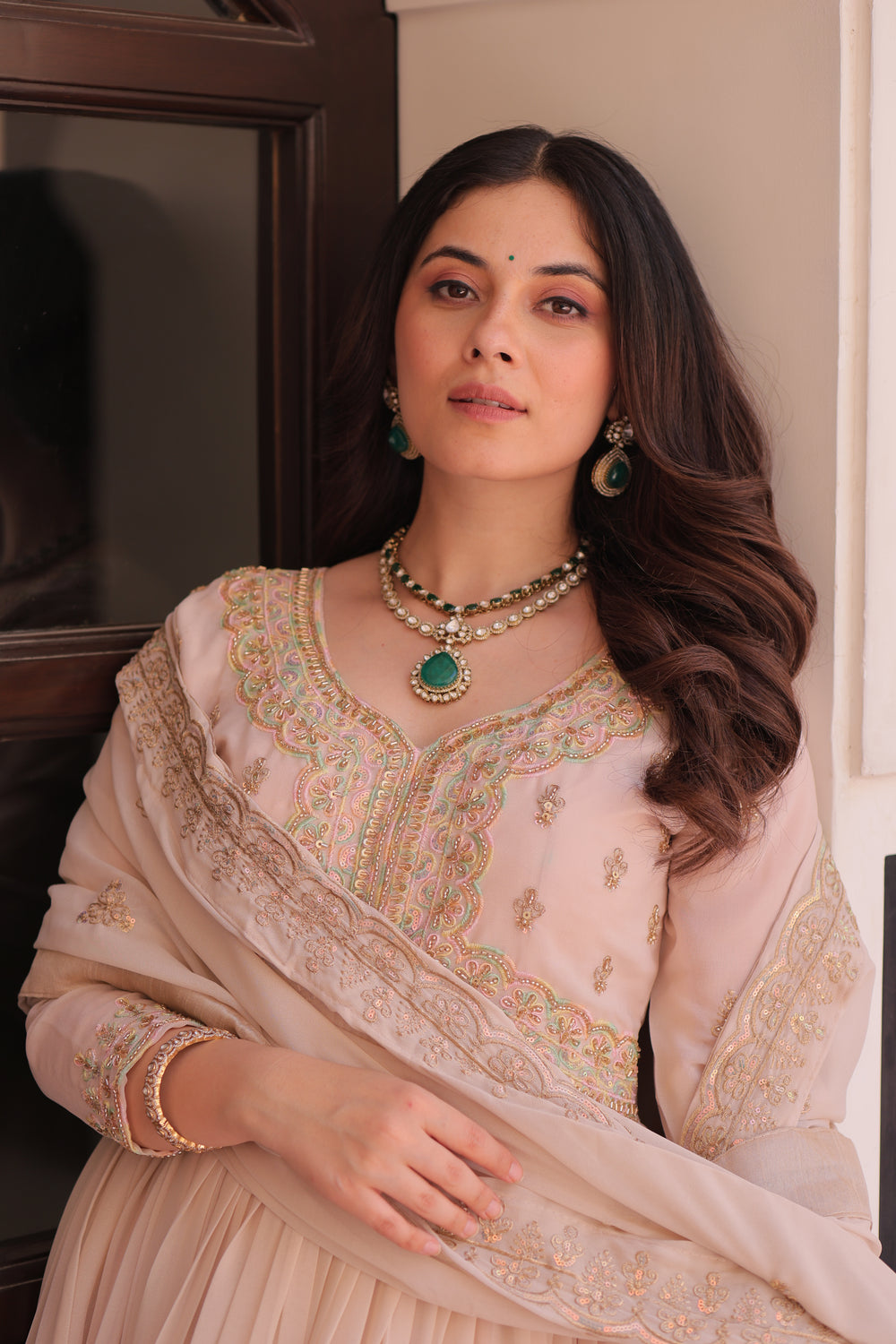 Georgette Thread Work Gown With Dupatta - Peach