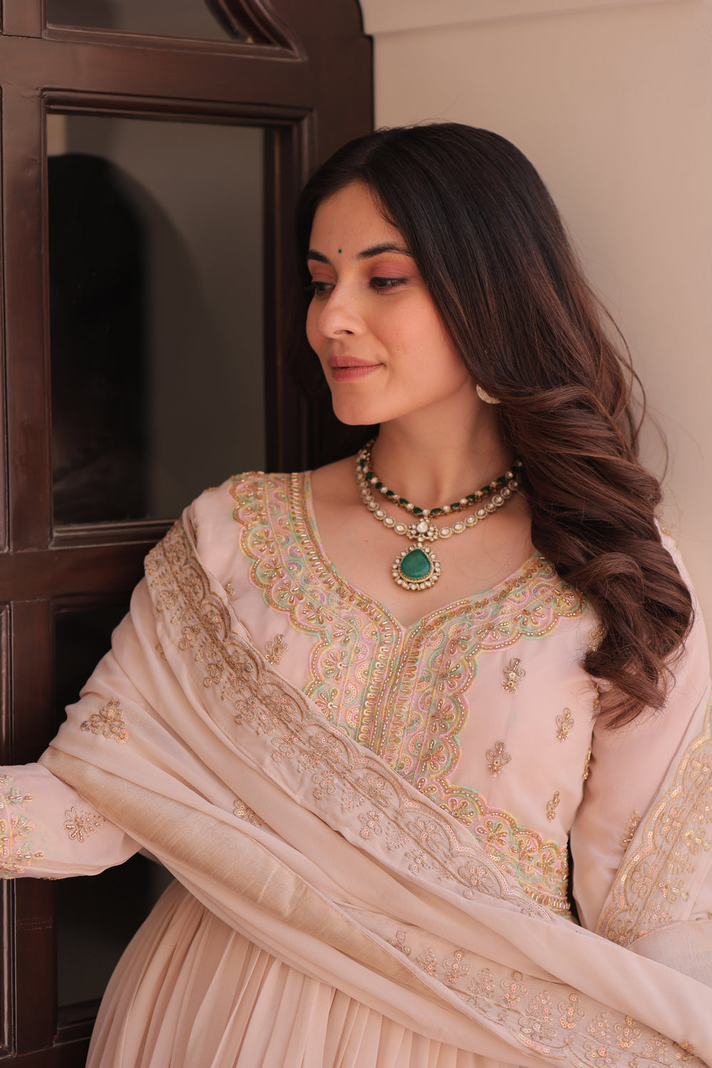 Georgette Thread Work Gown With Dupatta - Peach