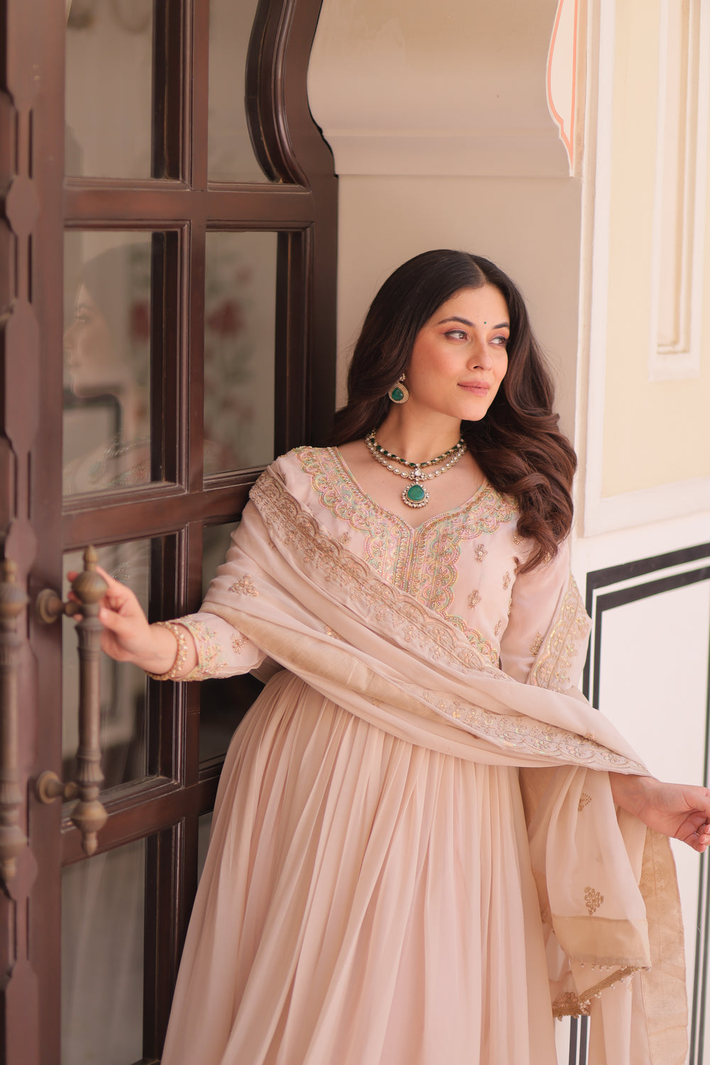 Georgette Thread Work Gown With Dupatta - Peach