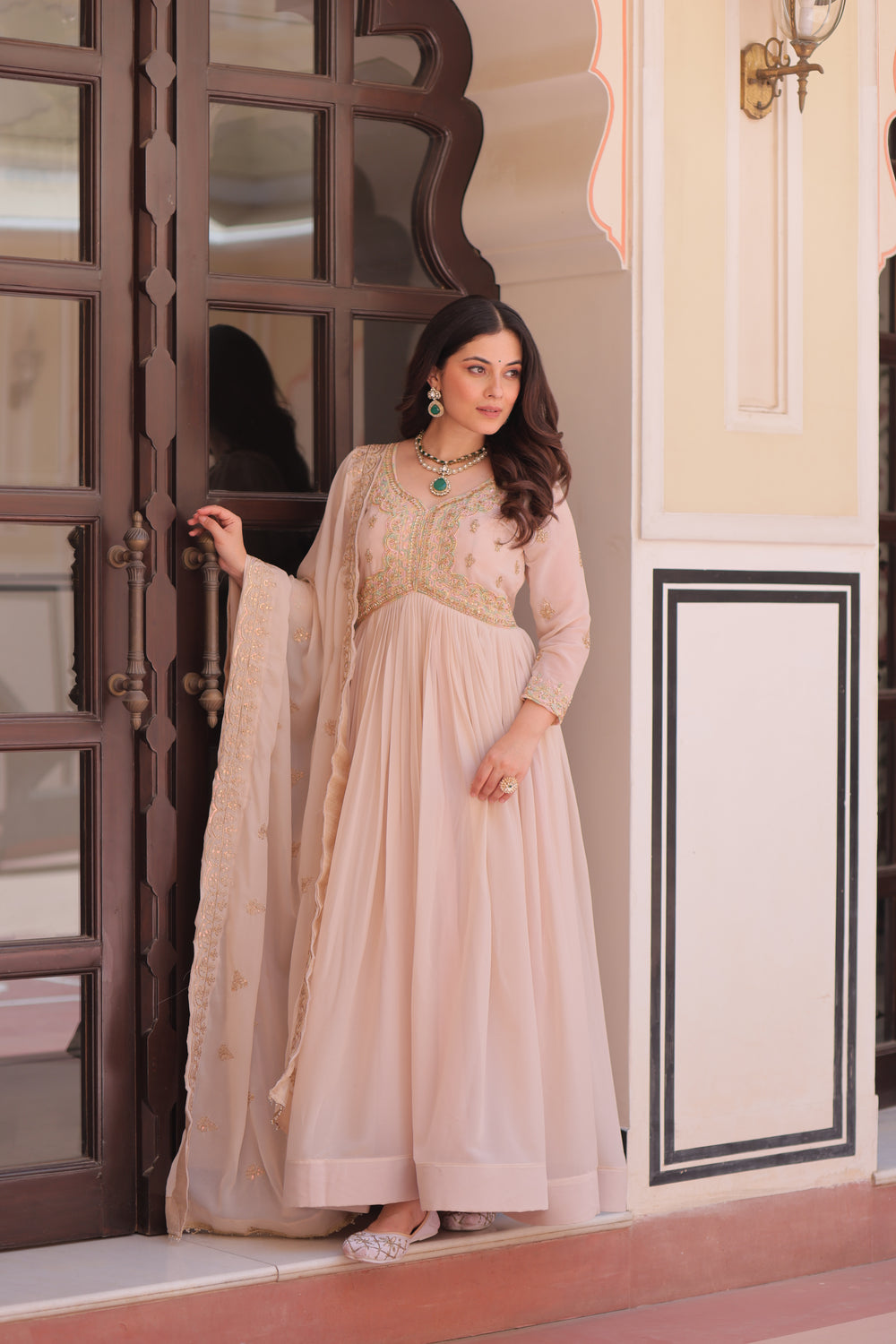 Georgette Thread Work Gown With Dupatta - Peach