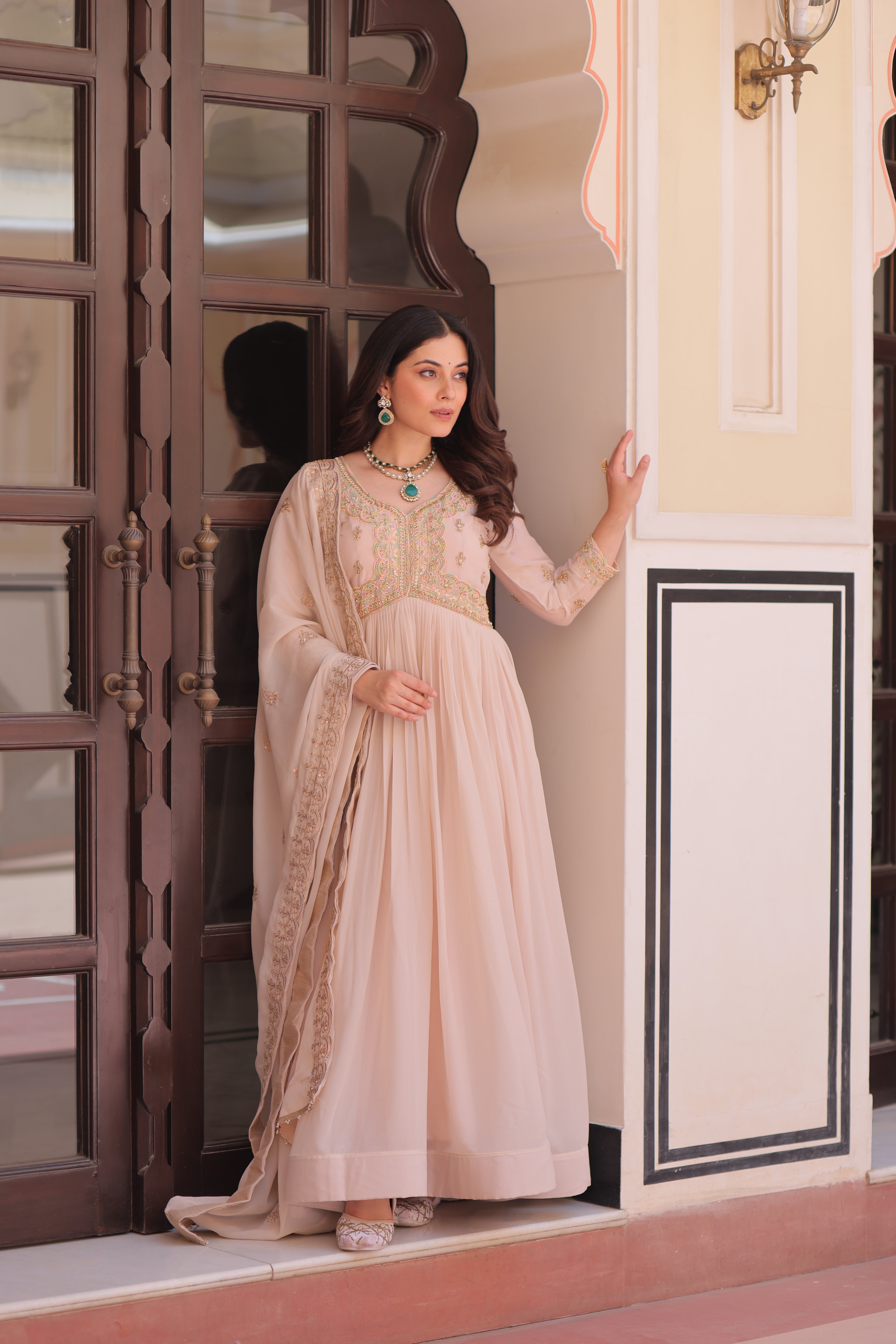 Georgette Thread Work Gown With Dupatta - Peach