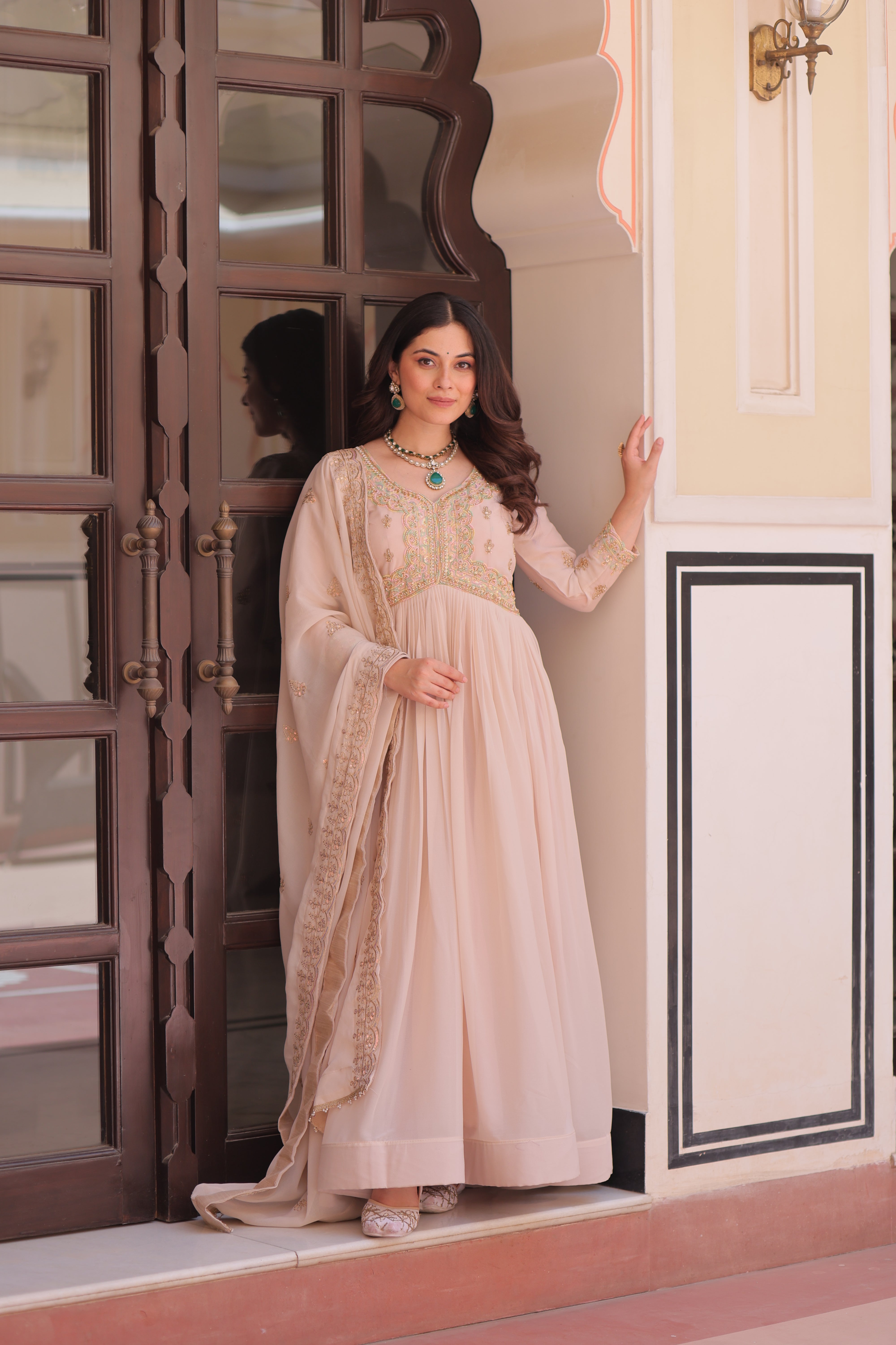 Georgette Thread Work Gown With Dupatta - Peach