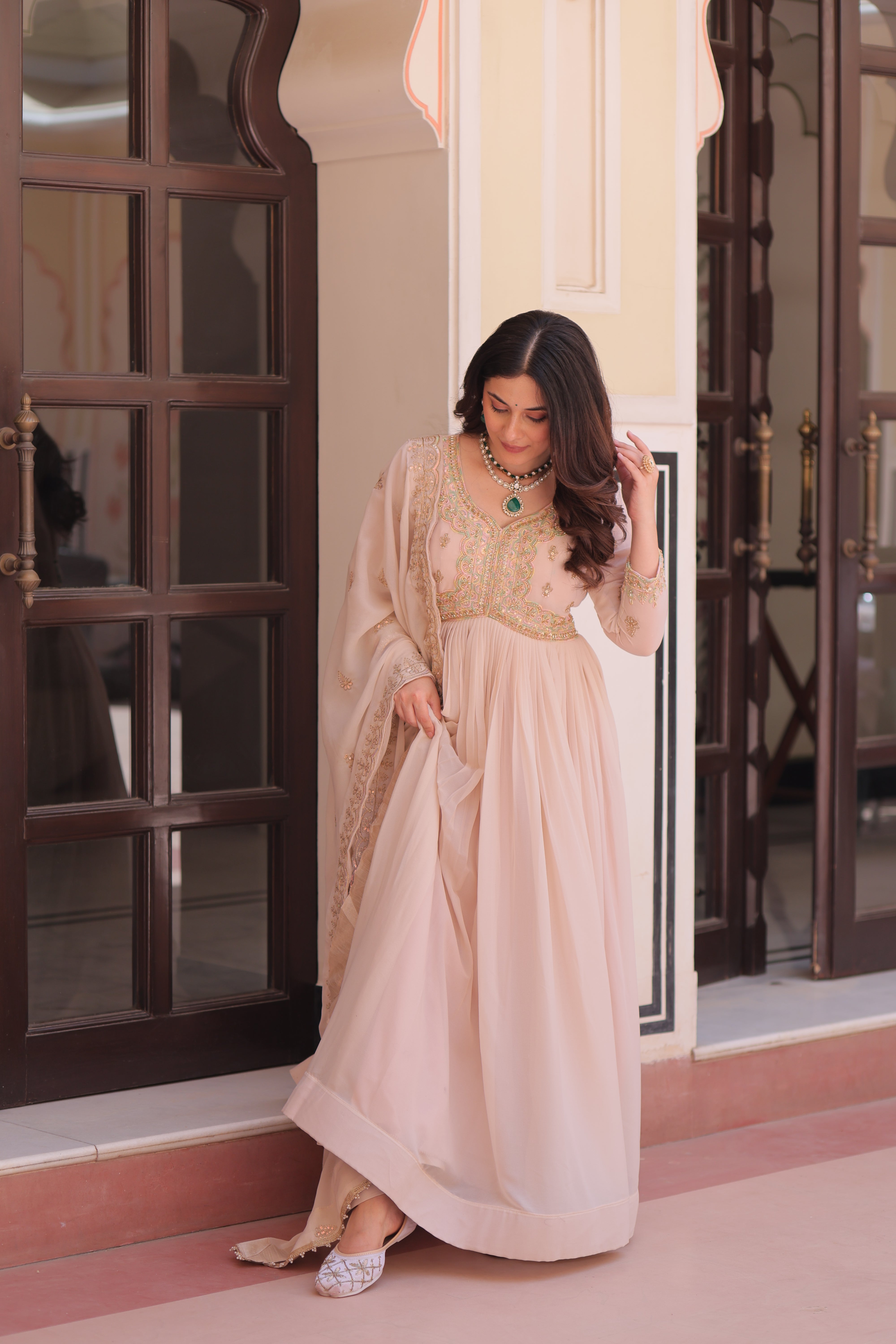 Georgette Thread Work Gown With Dupatta - Peach