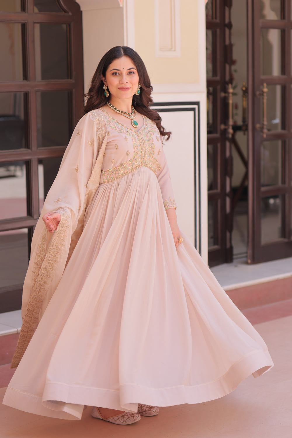 Georgette Thread Work Gown With Dupatta - Peach