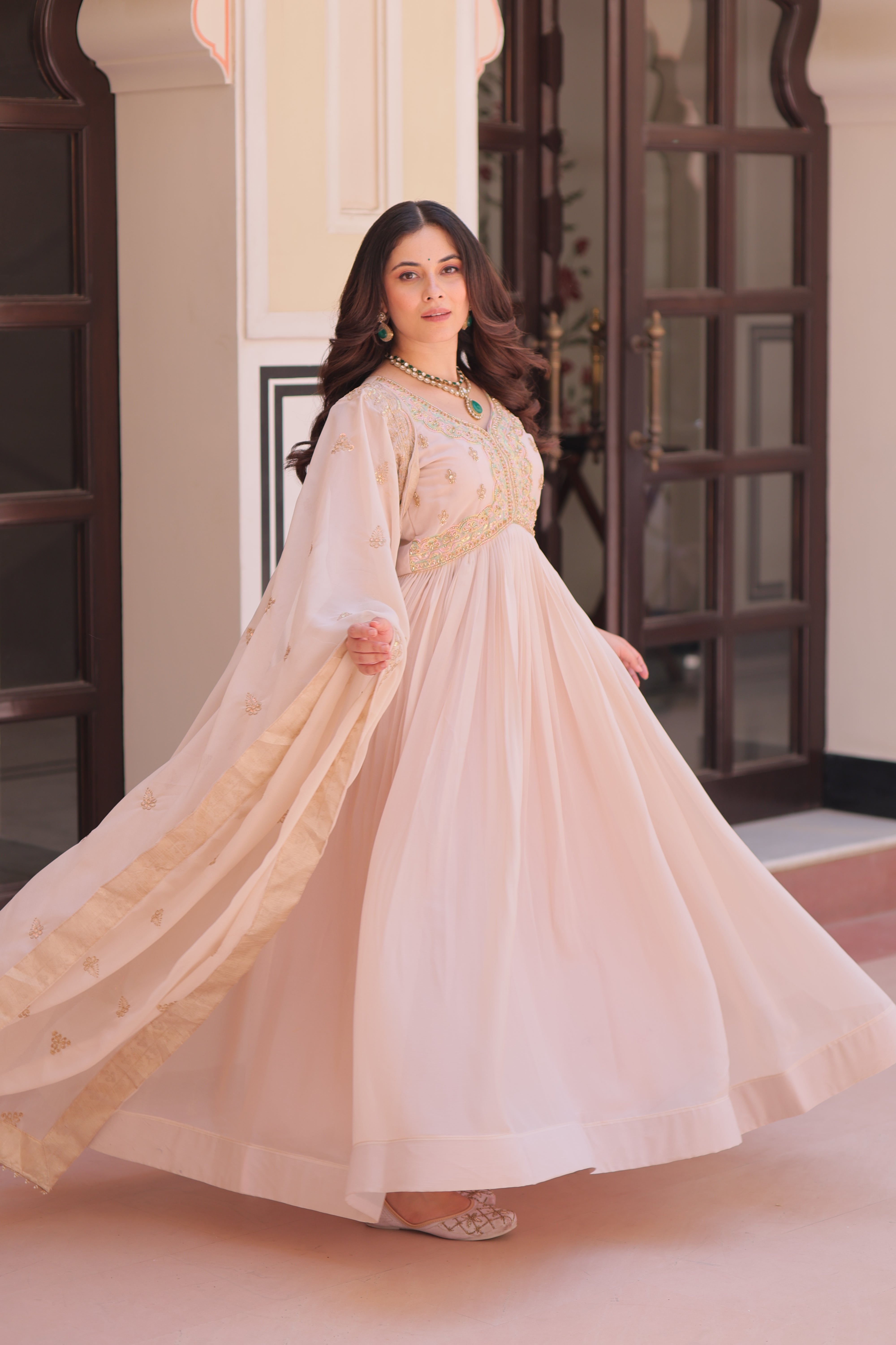 Georgette Thread Work Gown With Dupatta - Peach