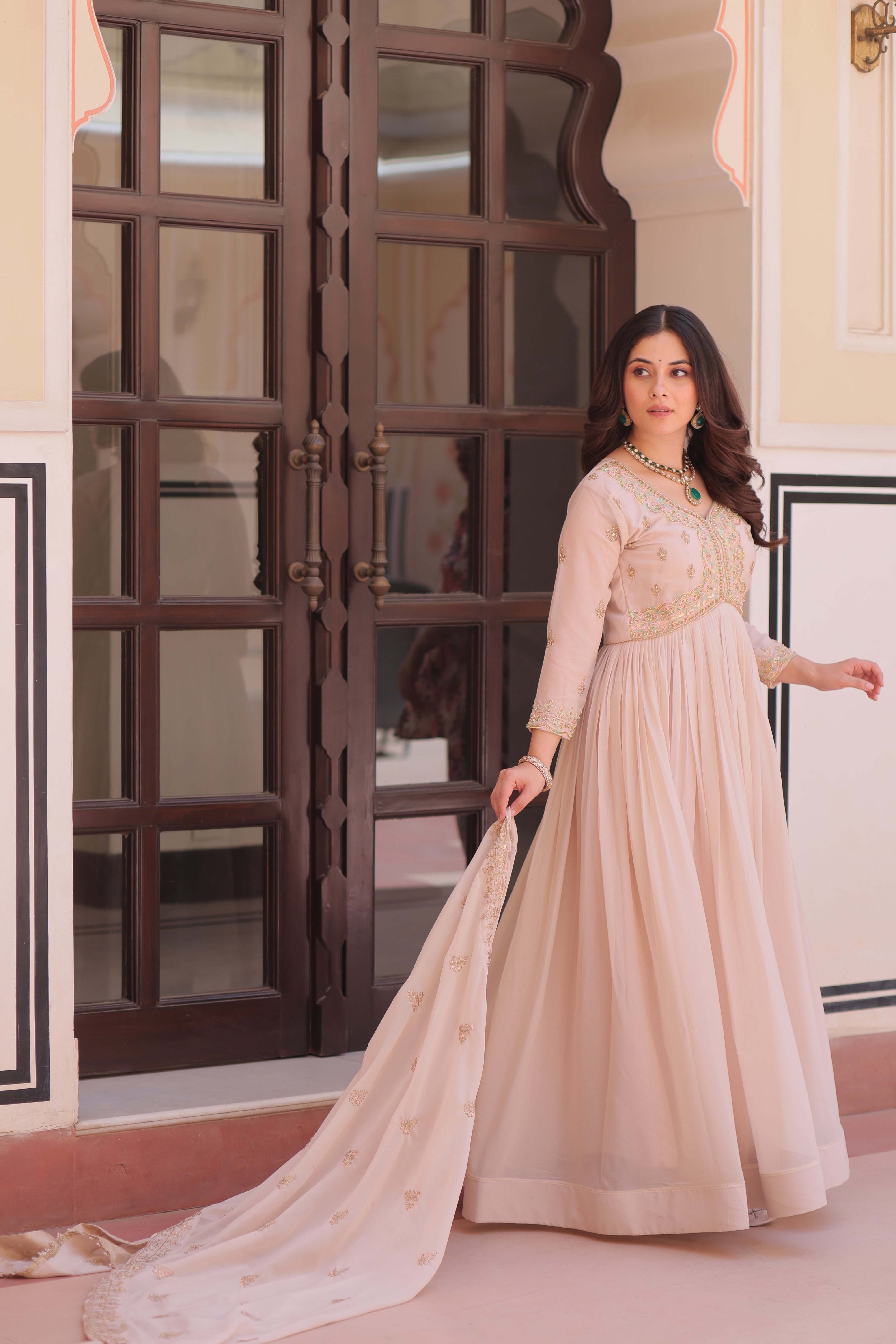Georgette Thread Work Gown With Dupatta - Peach