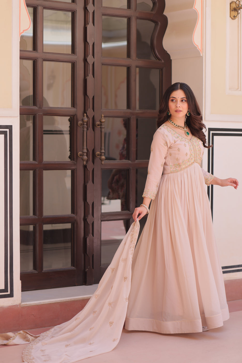Georgette Thread Work Gown With Dupatta - Peach
