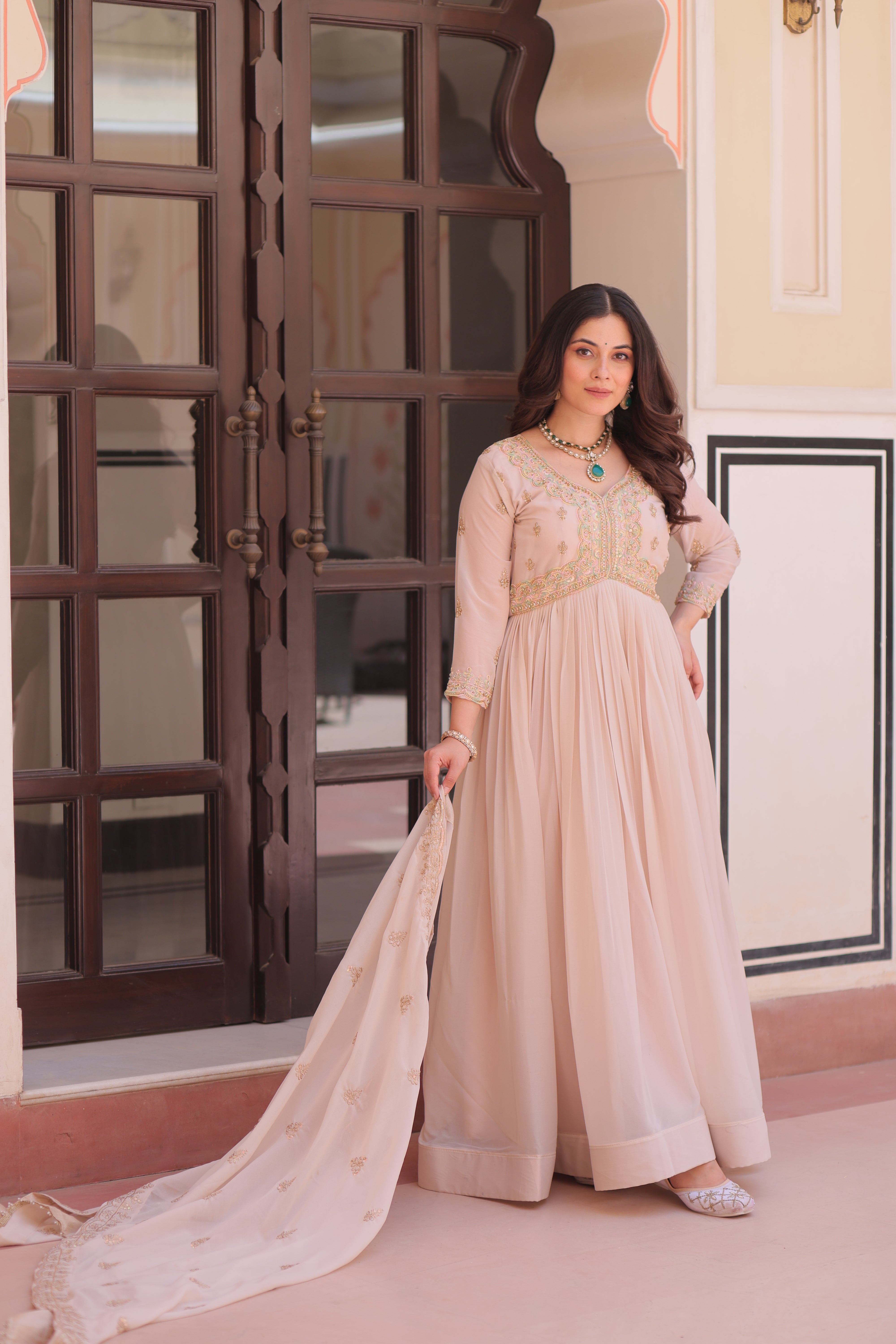Georgette Thread Work Gown With Dupatta - Peach