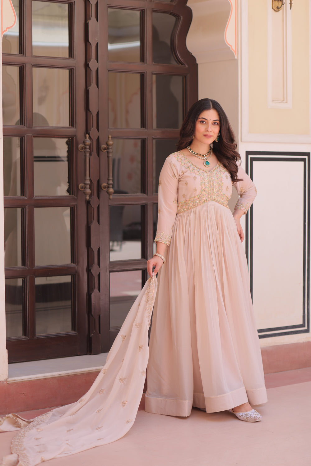 Georgette Thread Work Gown With Dupatta - Peach