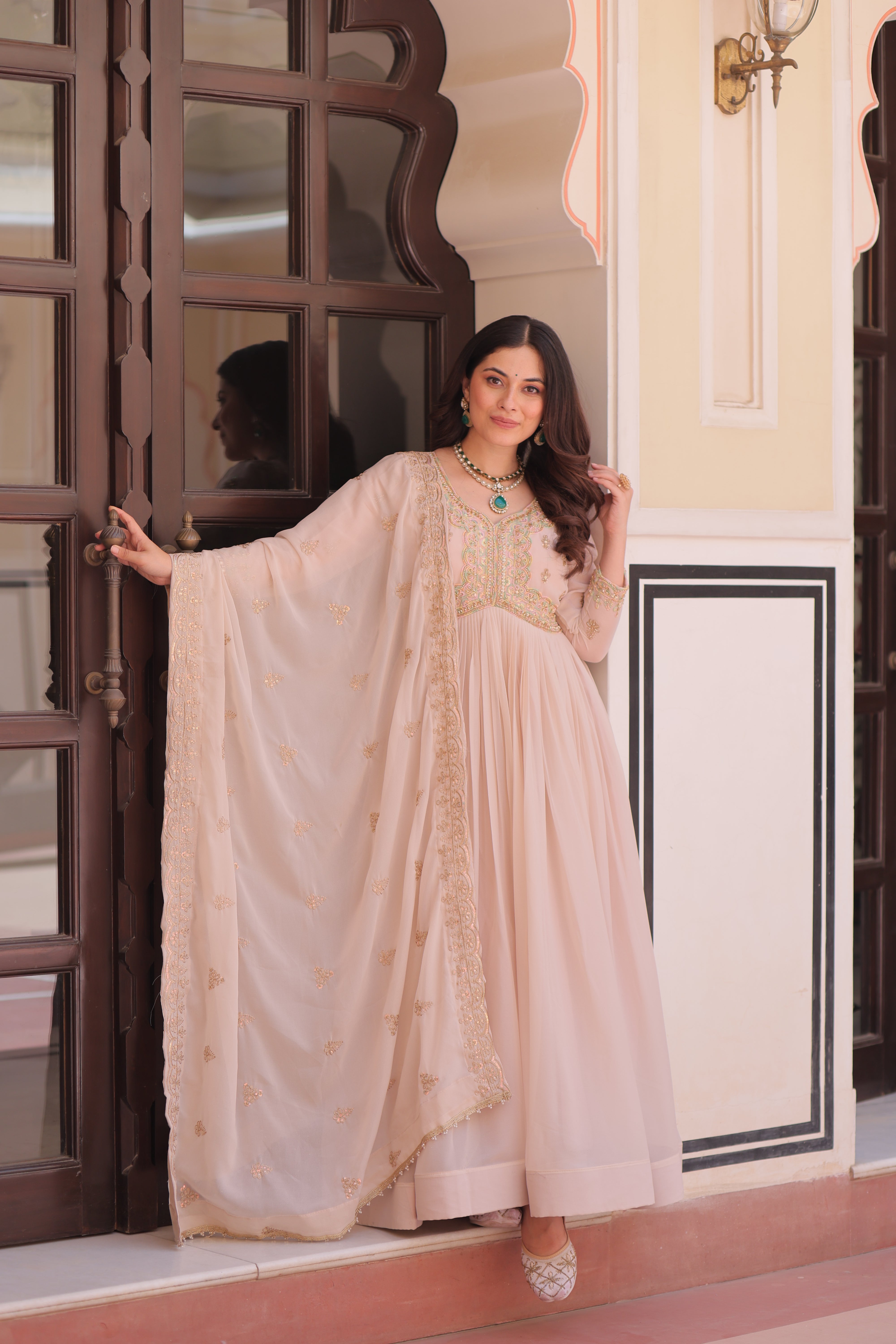 Georgette Thread Work Gown With Dupatta - Peach