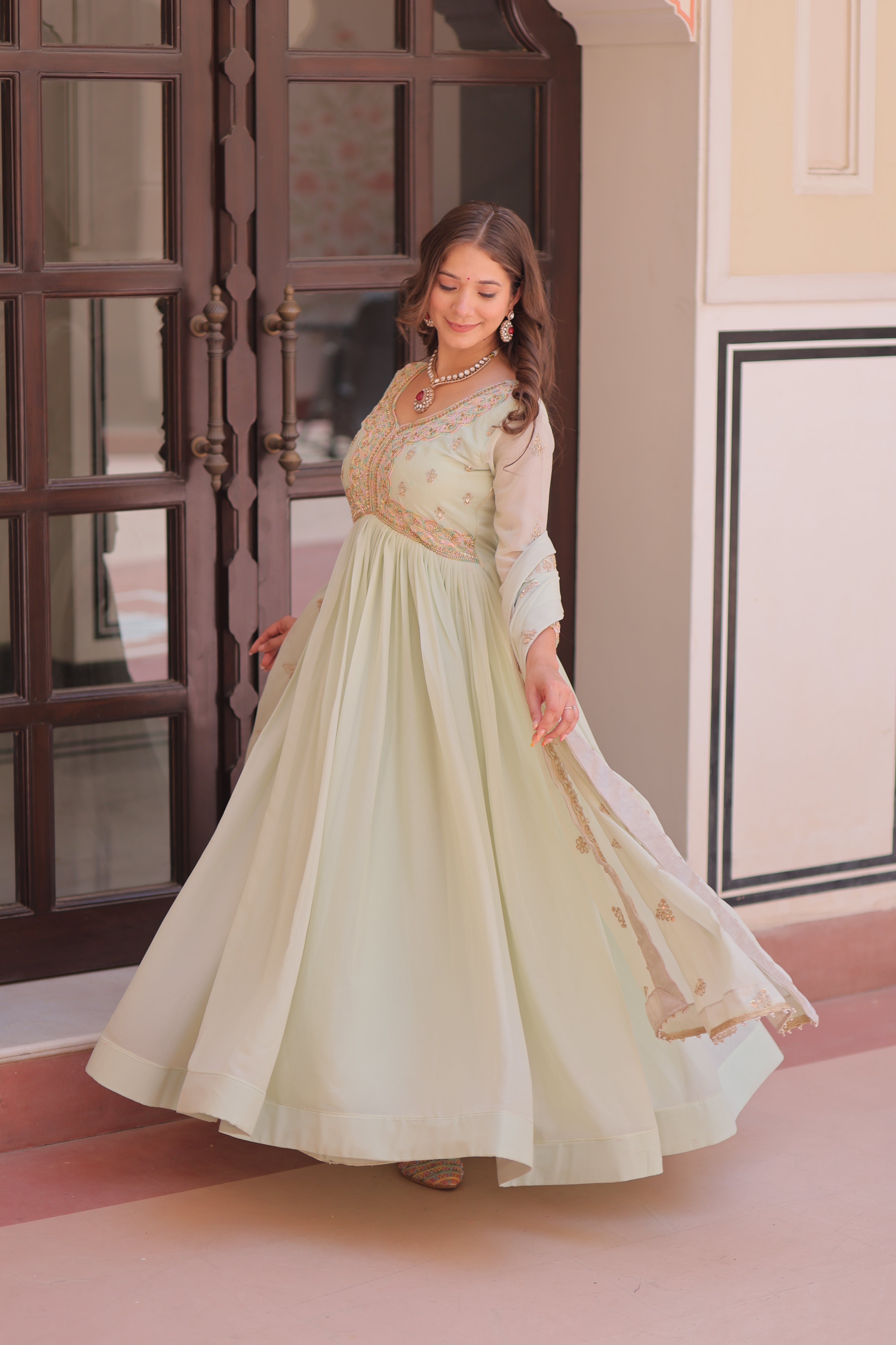 Georgette Thread Work Gown With Dupatta - Pista