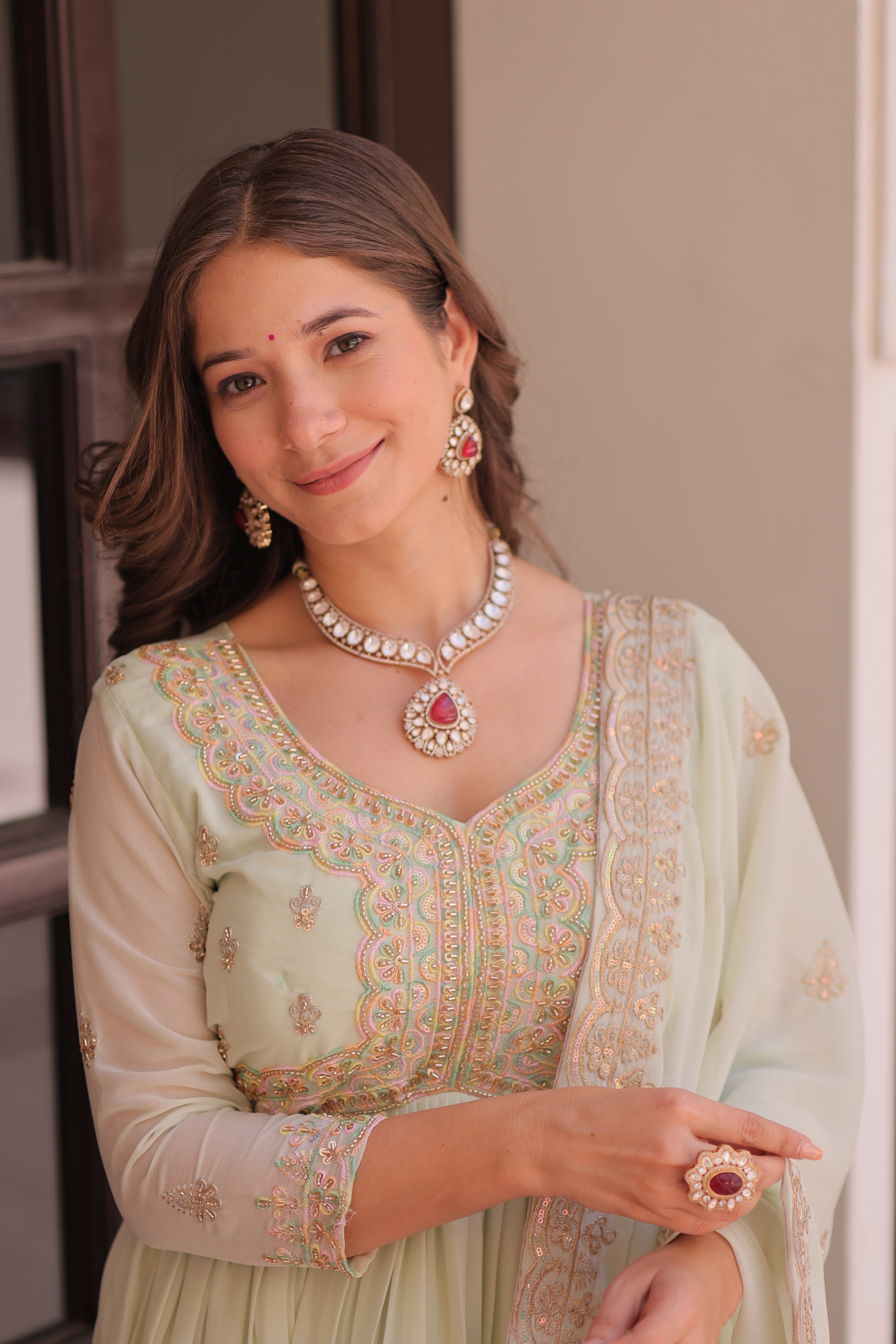 Georgette Thread Work Gown With Dupatta - Pista