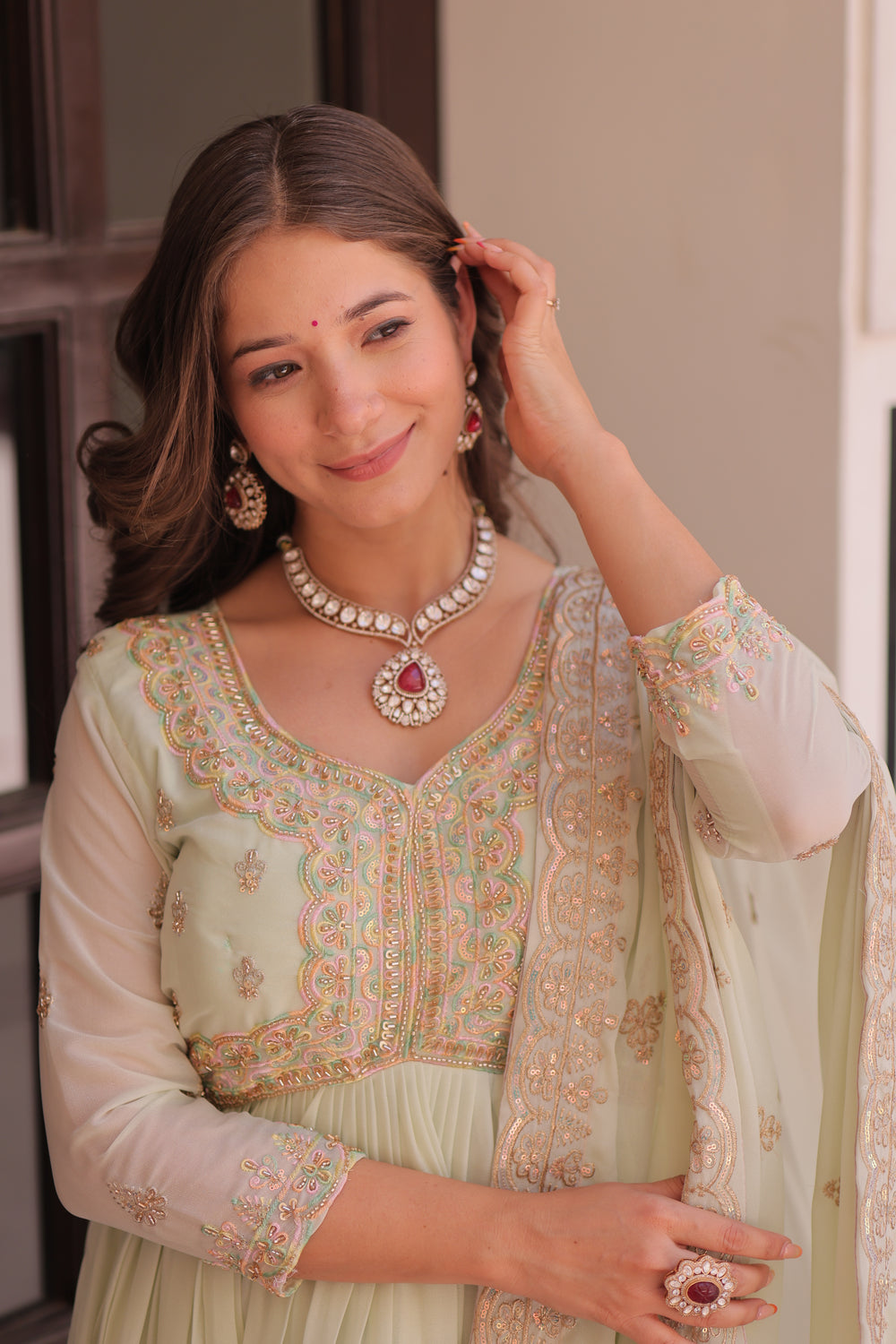 Georgette Thread Work Gown With Dupatta - Pista