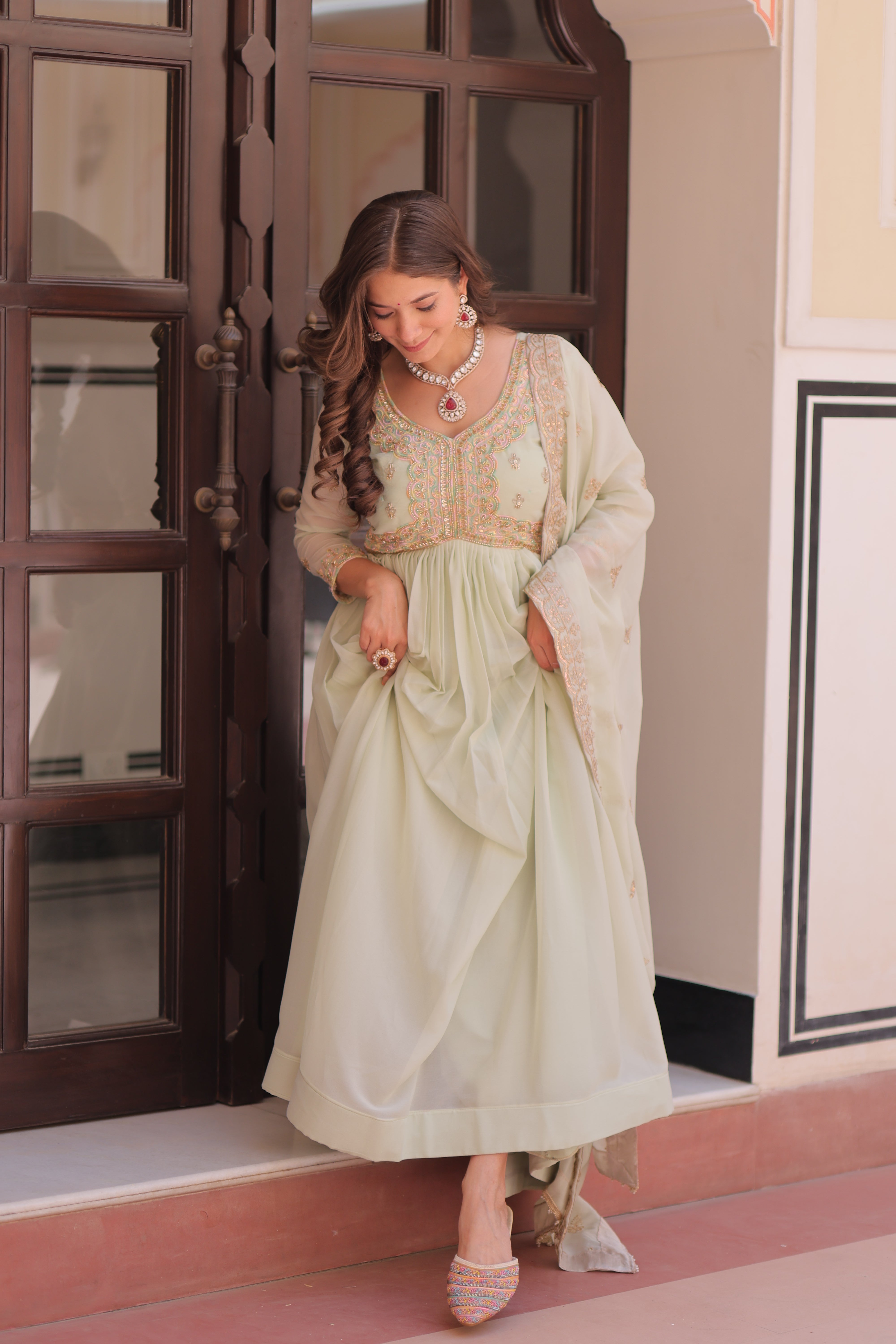 Georgette Thread Work Gown With Dupatta - Pista