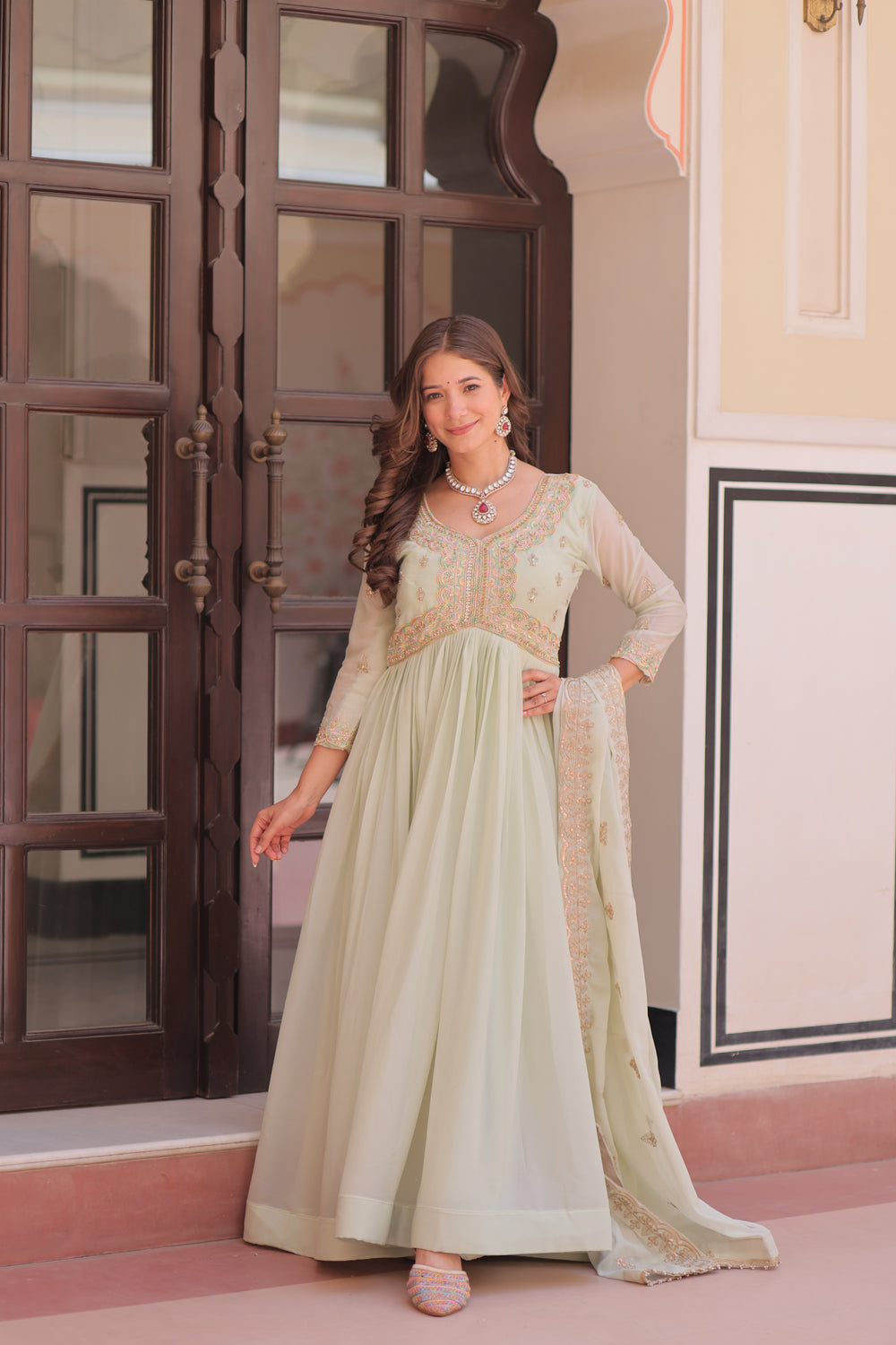 Georgette Thread Work Gown With Dupatta - Pista