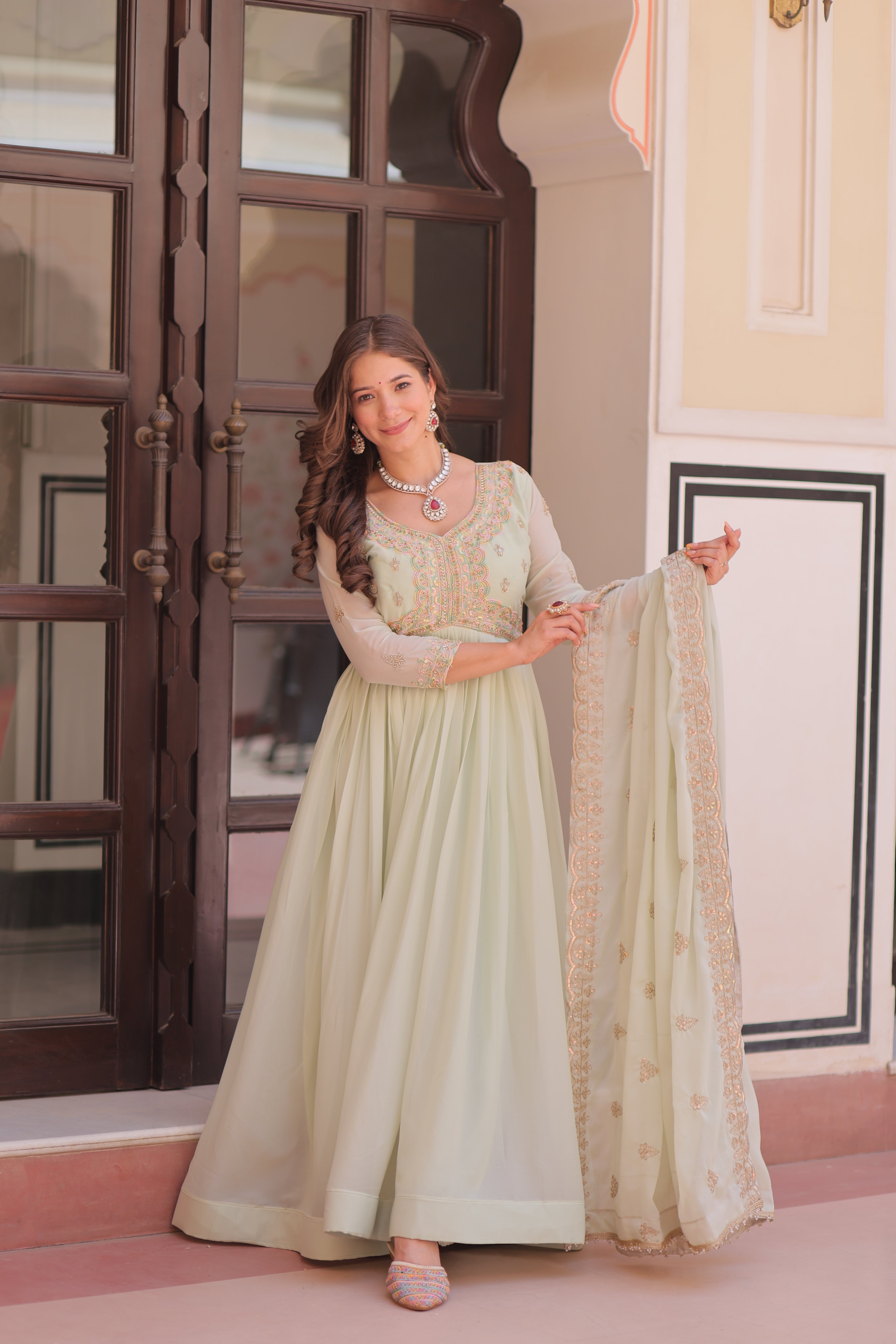 Georgette Thread Work Gown With Dupatta - Pista