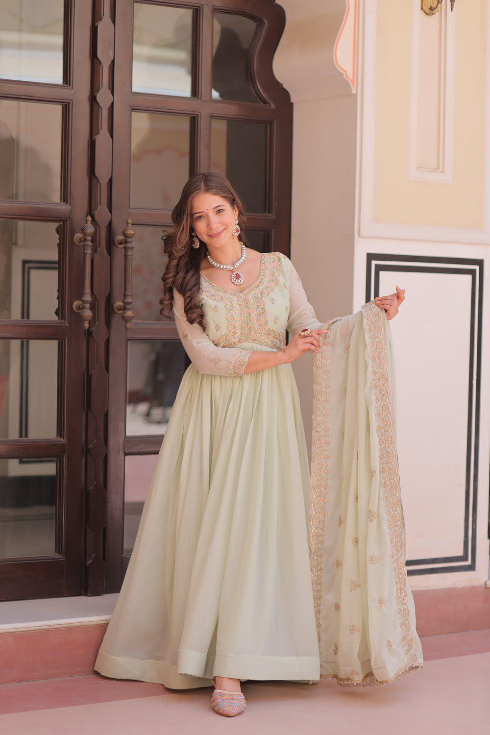 Georgette Thread Work Gown With Dupatta - Pista