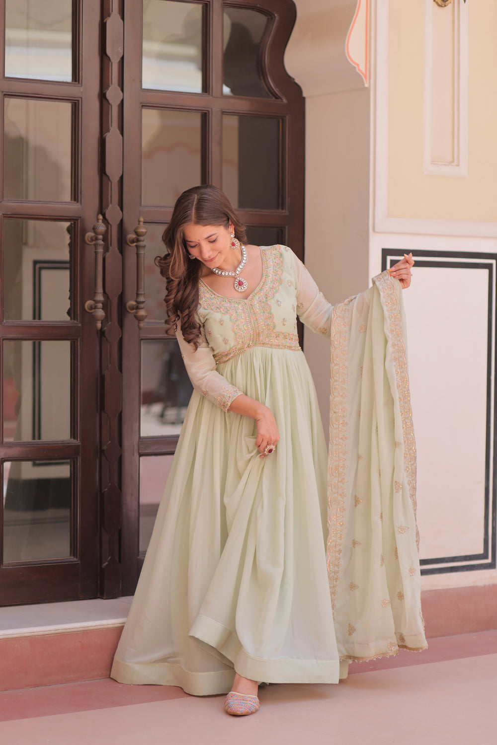 Georgette Thread Work Gown With Dupatta - Pista