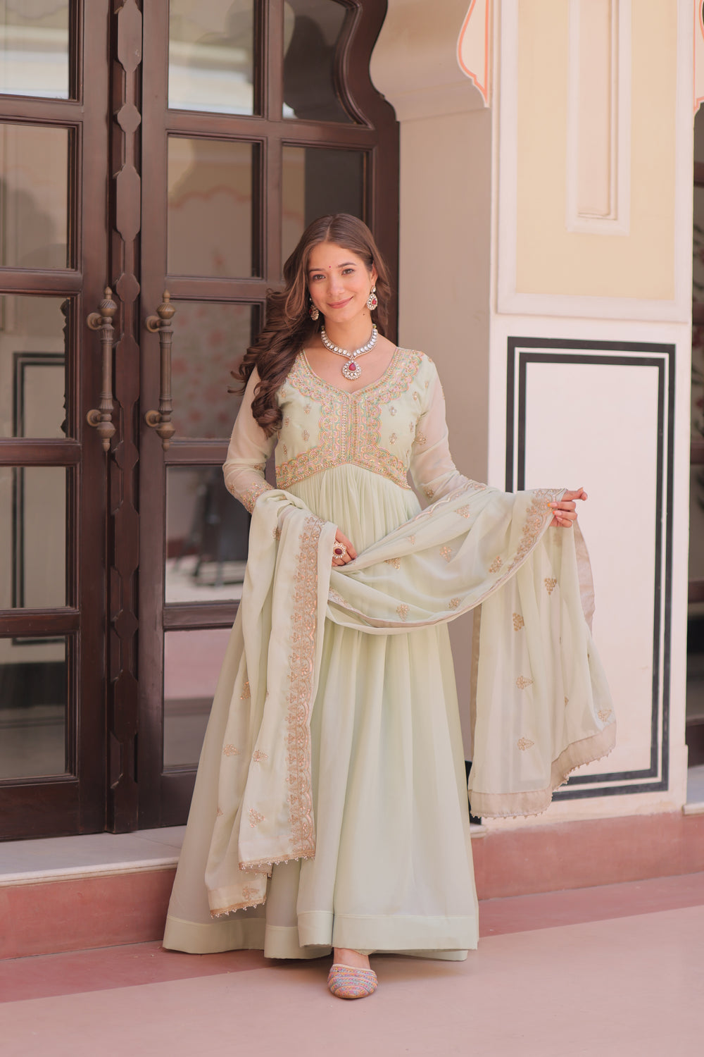 Georgette Thread Work Gown With Dupatta - Pista