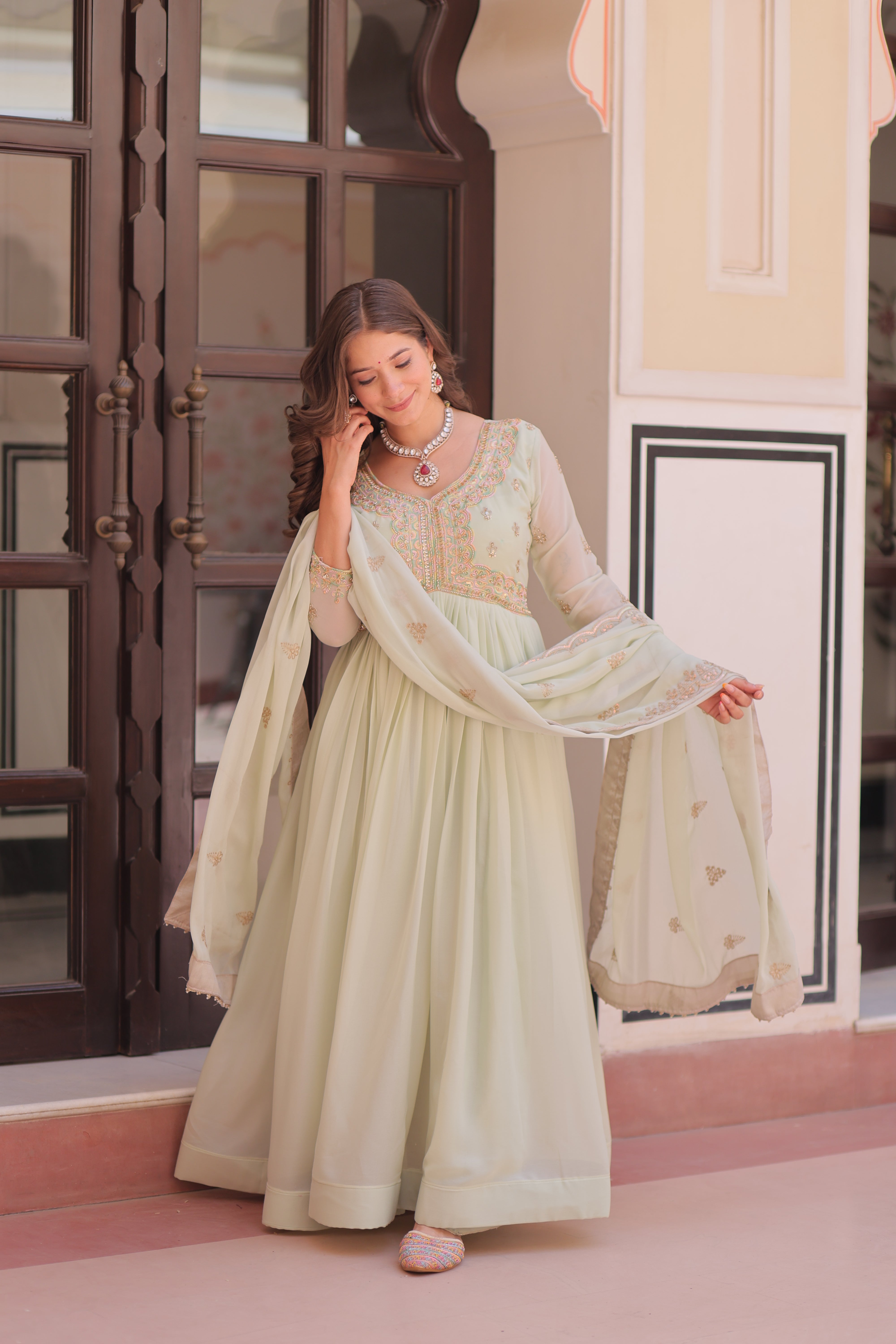 Georgette Thread Work Gown With Dupatta - Pista