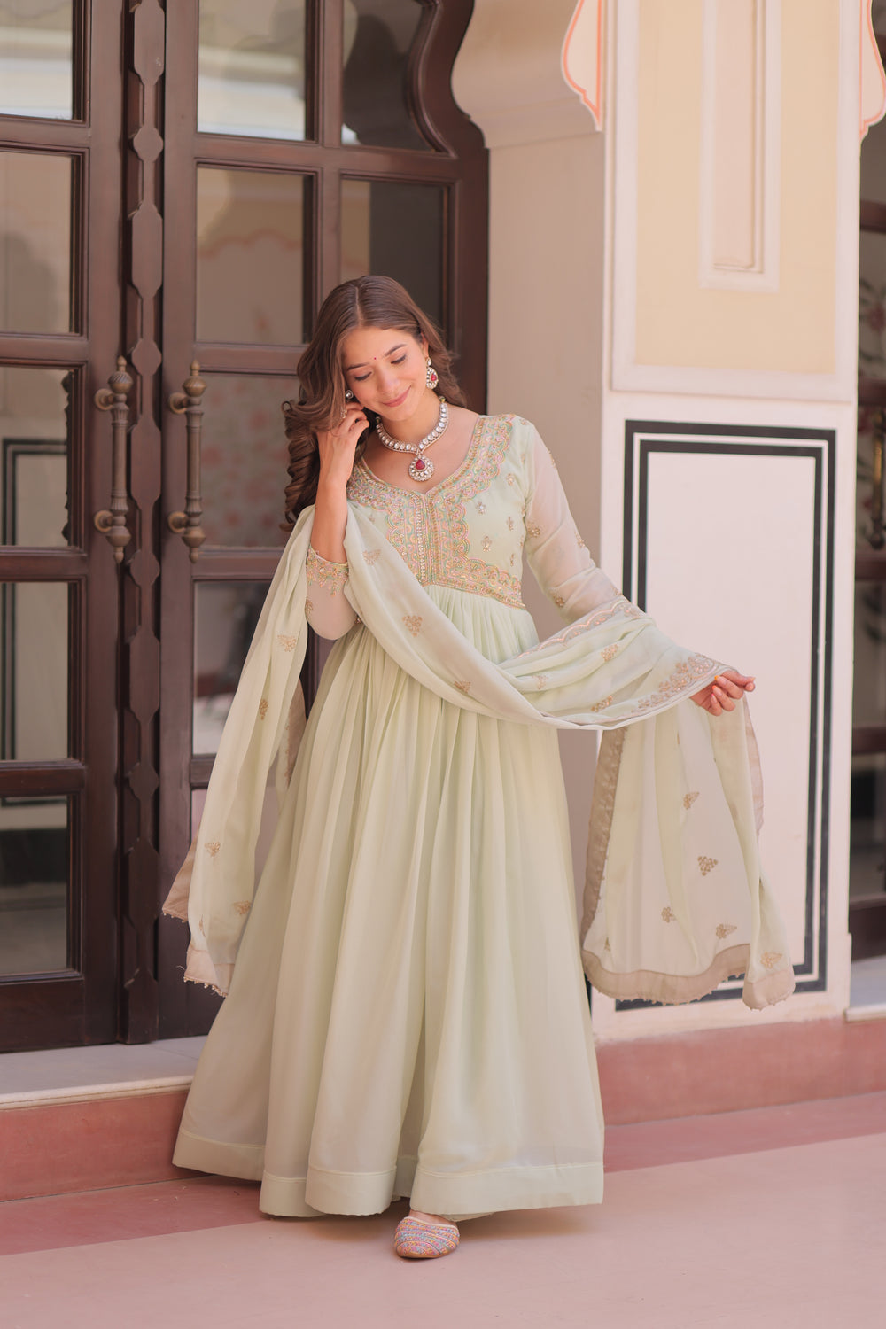 Georgette Thread Work Gown With Dupatta - Pista