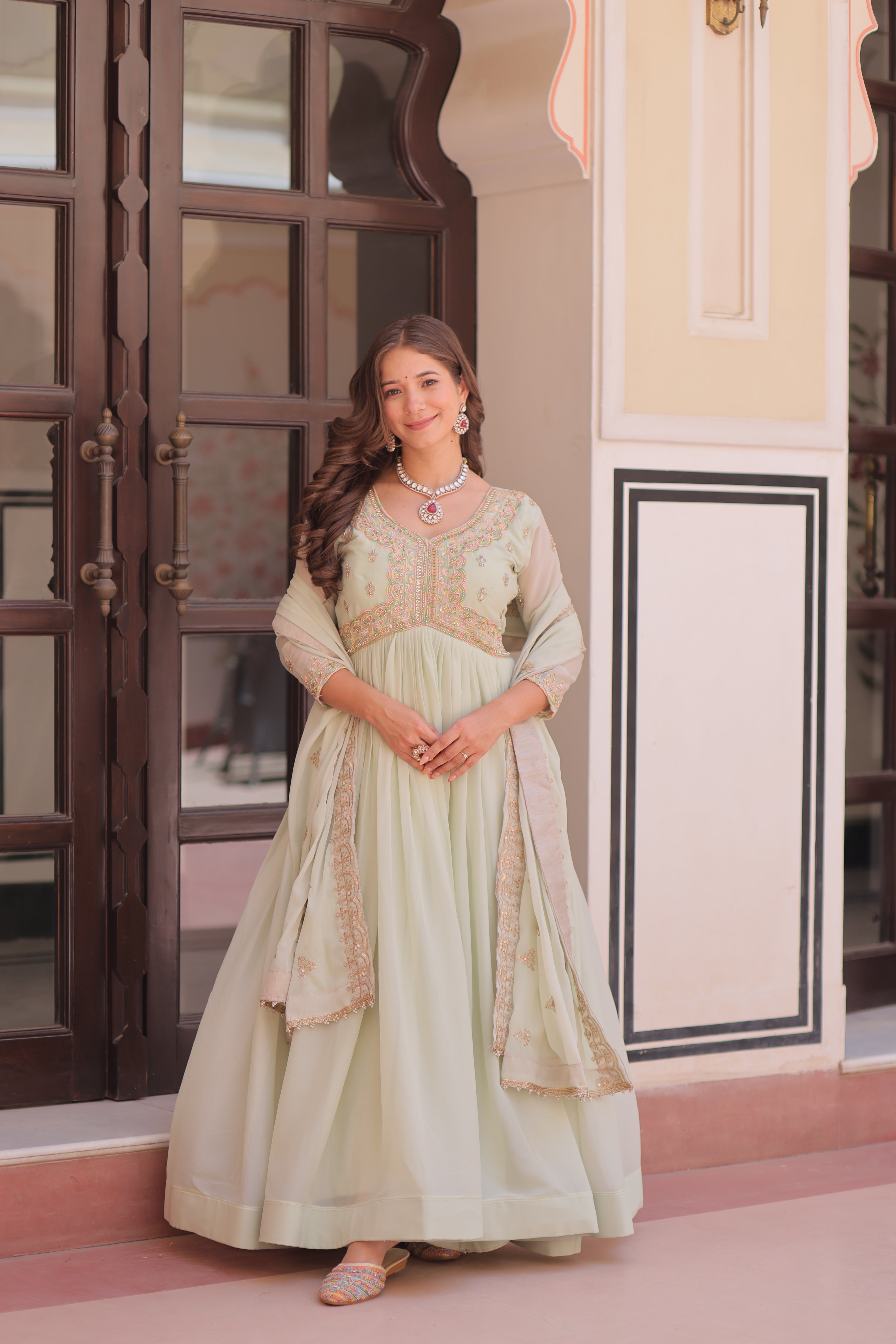 Georgette Thread Work Gown With Dupatta - Pista