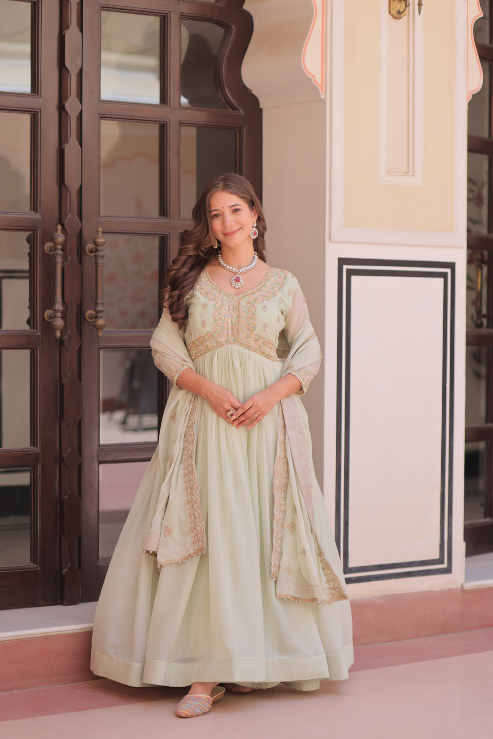 Georgette Thread Work Gown With Dupatta - Pista