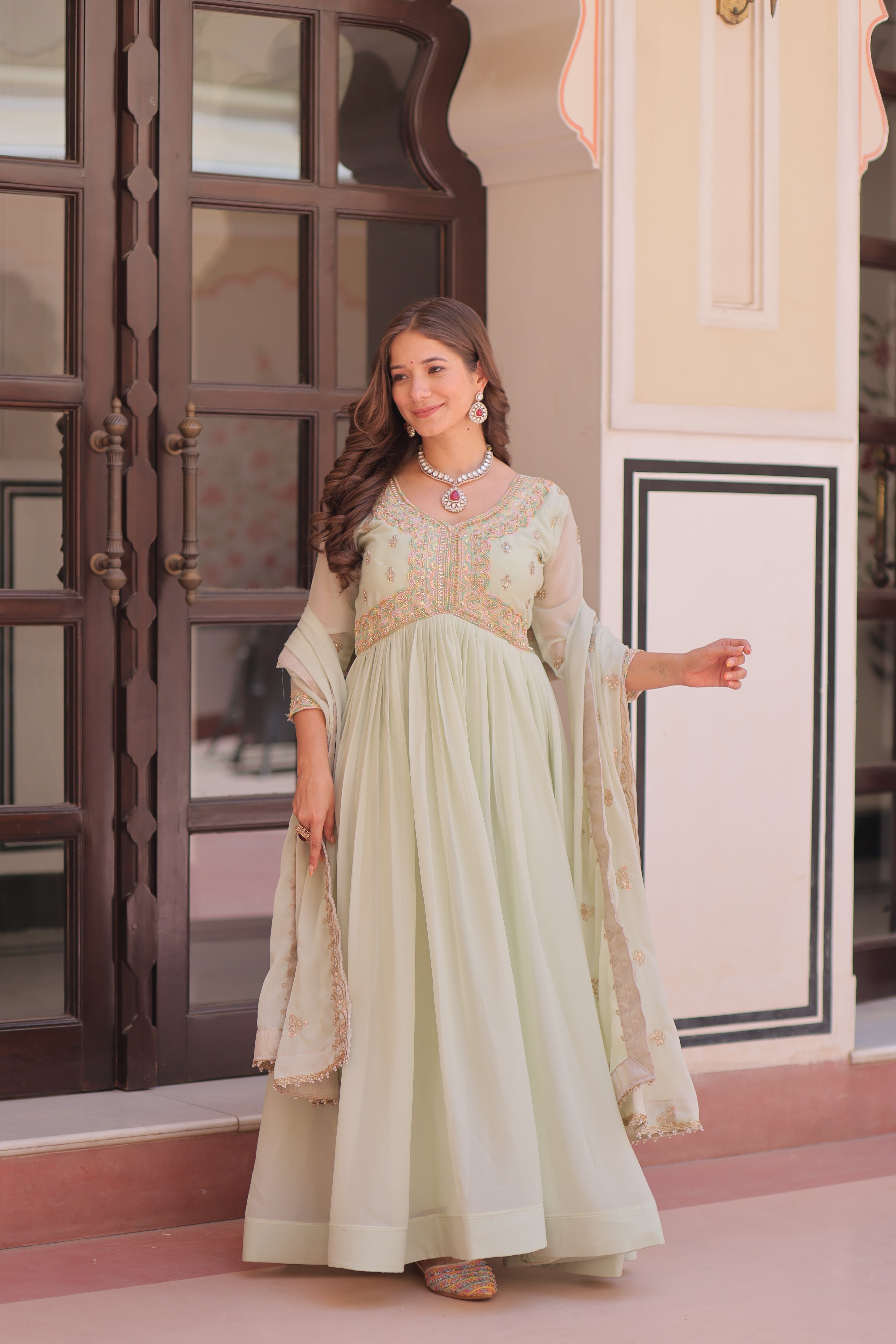 Georgette Thread Work Gown With Dupatta - Pista