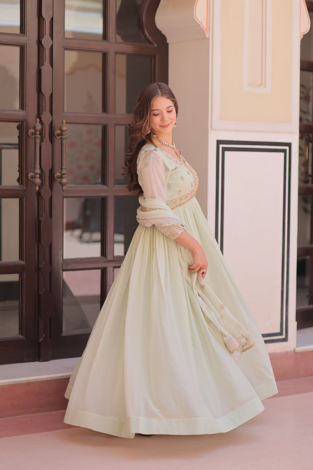 Georgette Thread Work Gown With Dupatta - Pista
