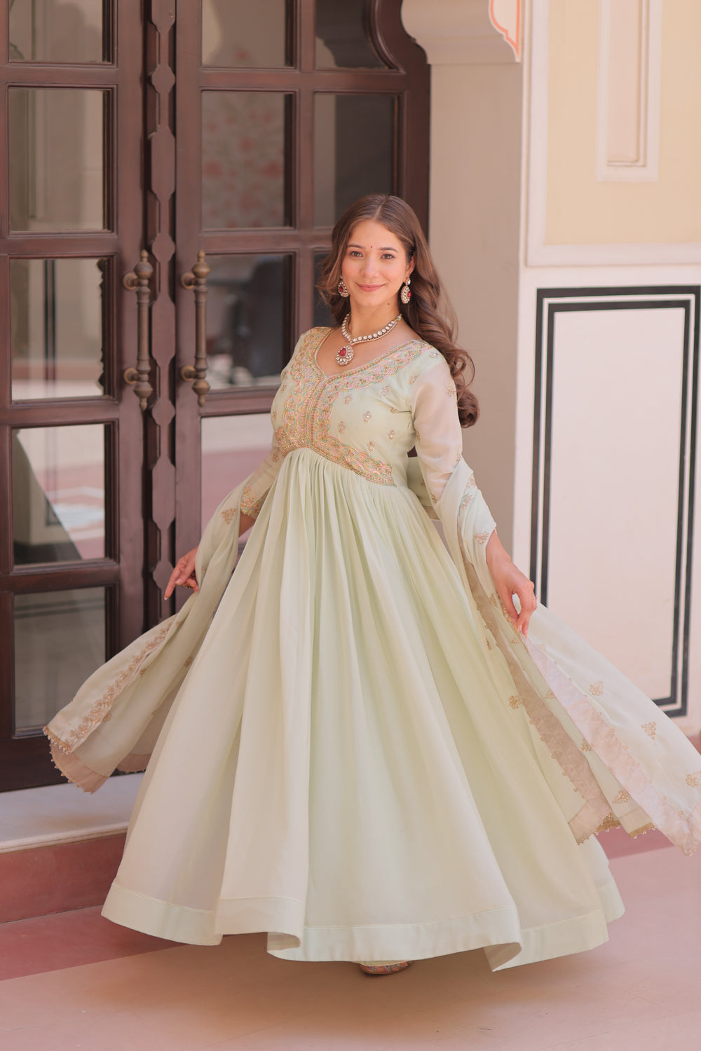Georgette Thread Work Gown With Dupatta - Pista