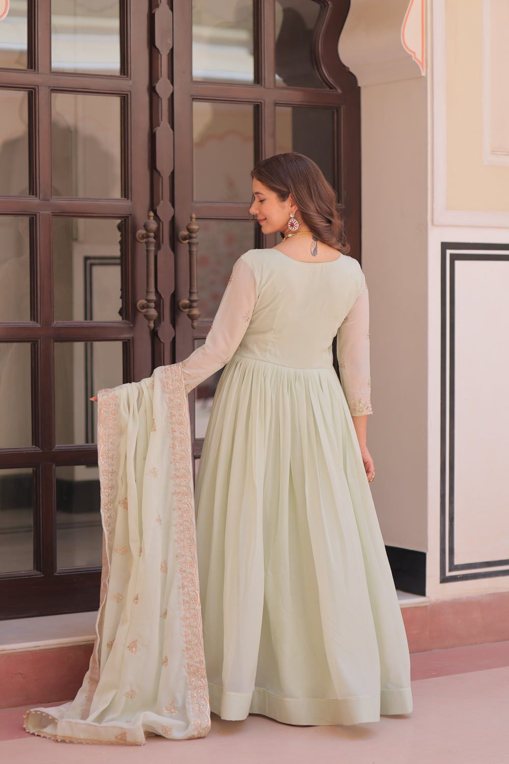 Georgette Thread Work Gown With Dupatta - Pista