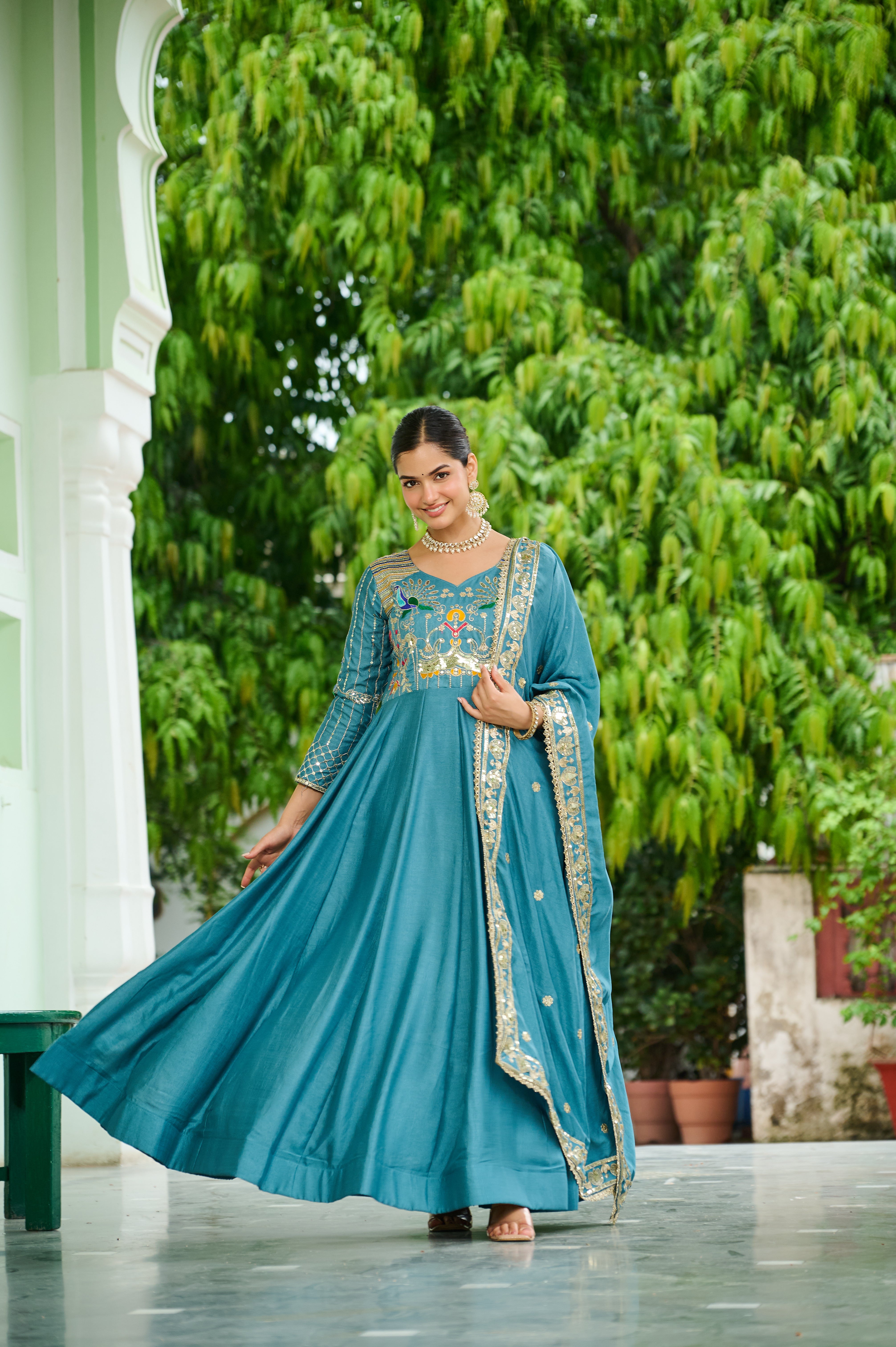 Silk Sequins Festive Wear Gown With Dupatta
