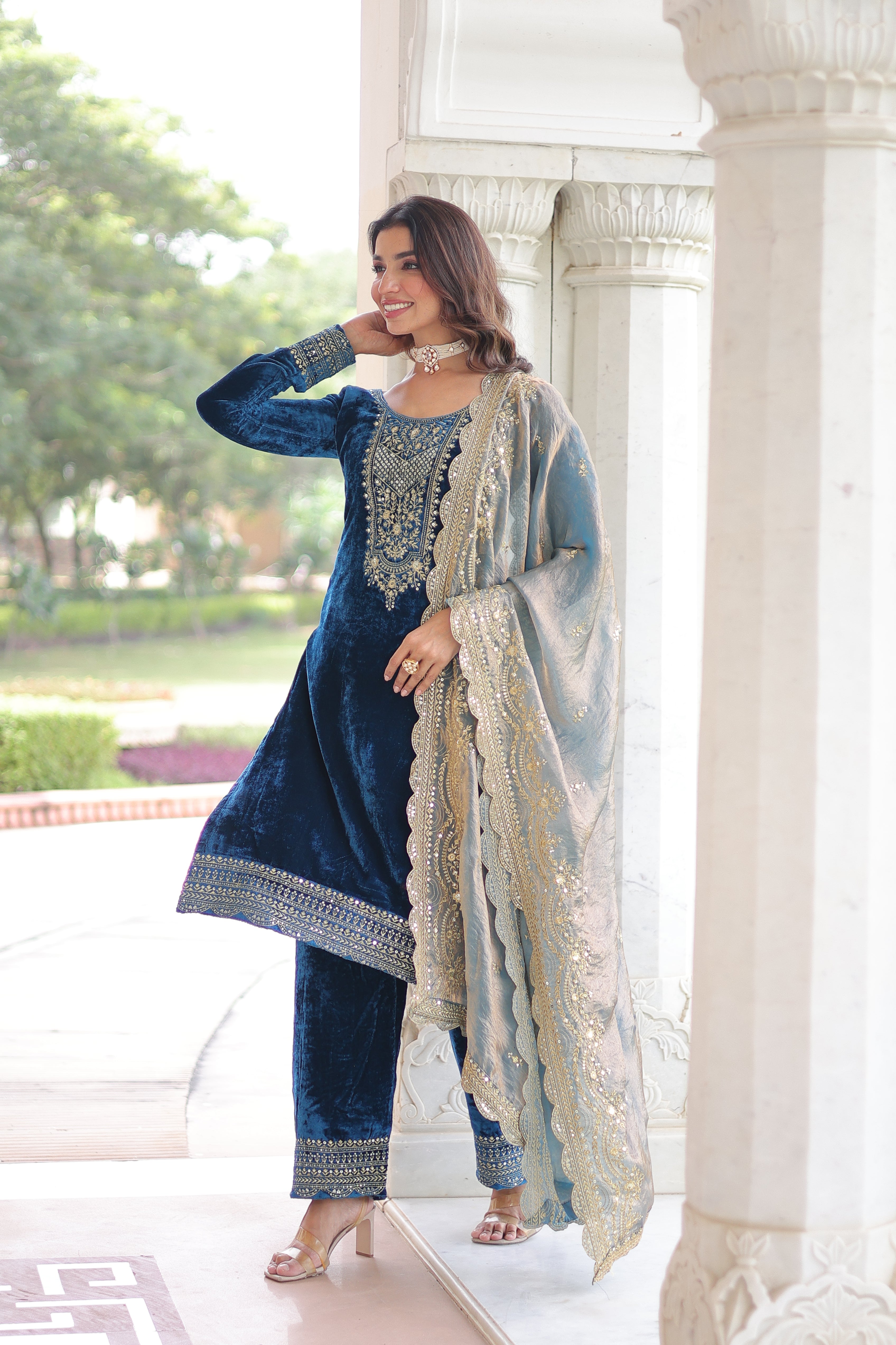 Velvet Sequins Embroidered Festive Salwar Kameez for Women