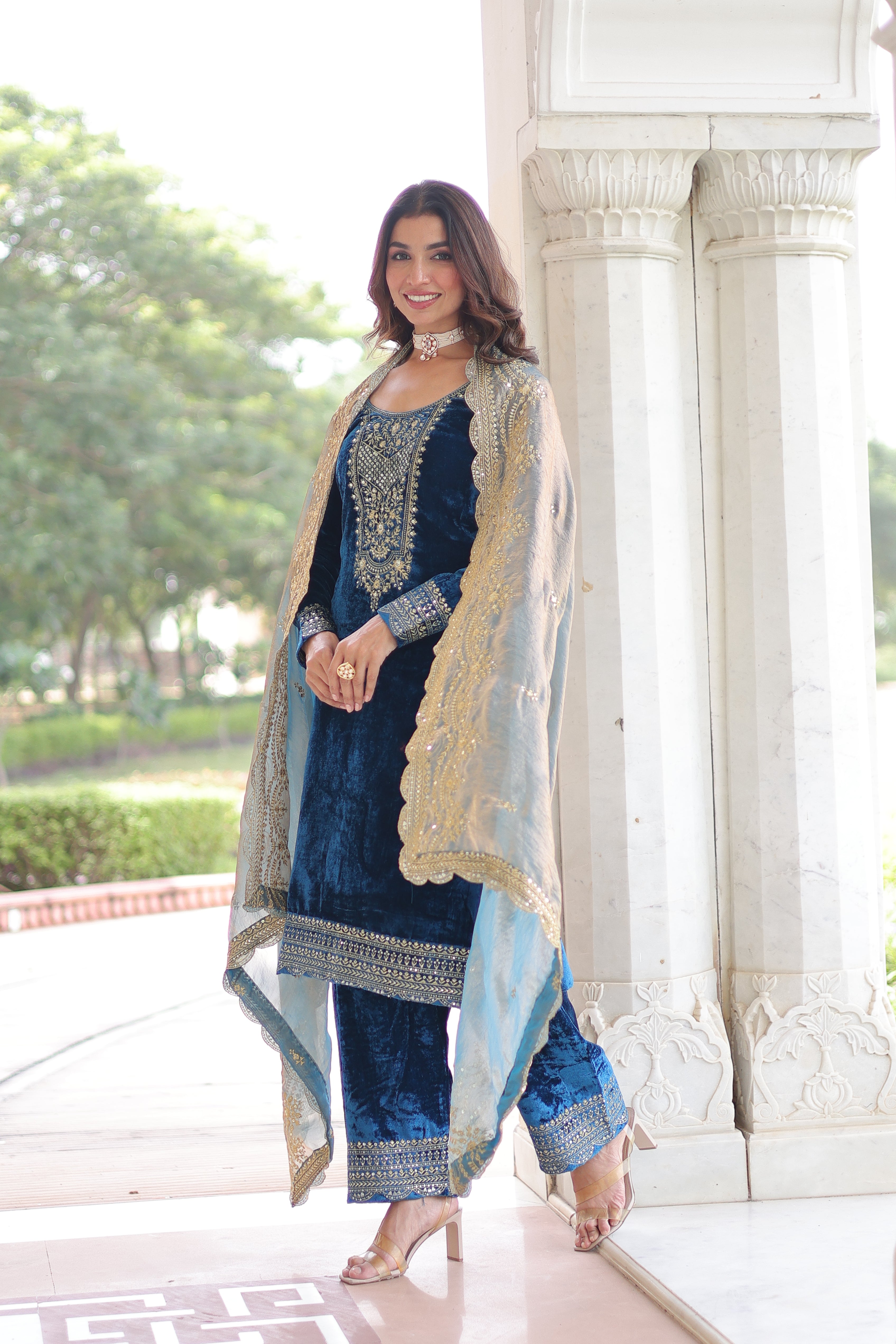 Velvet Sequins Embroidered Festive Salwar Kameez for Women