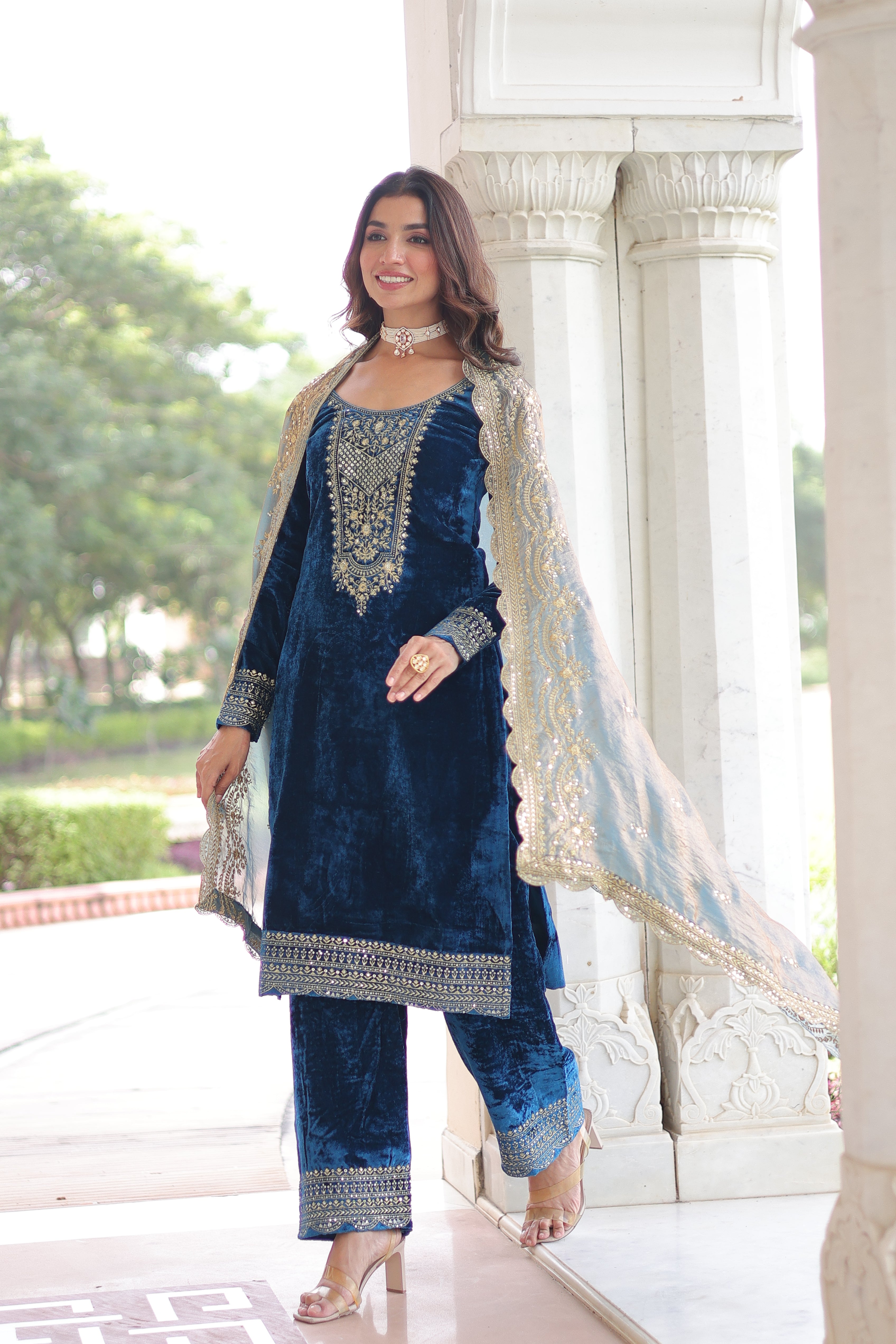 Velvet Sequins Embroidered Festive Salwar Kameez for Women