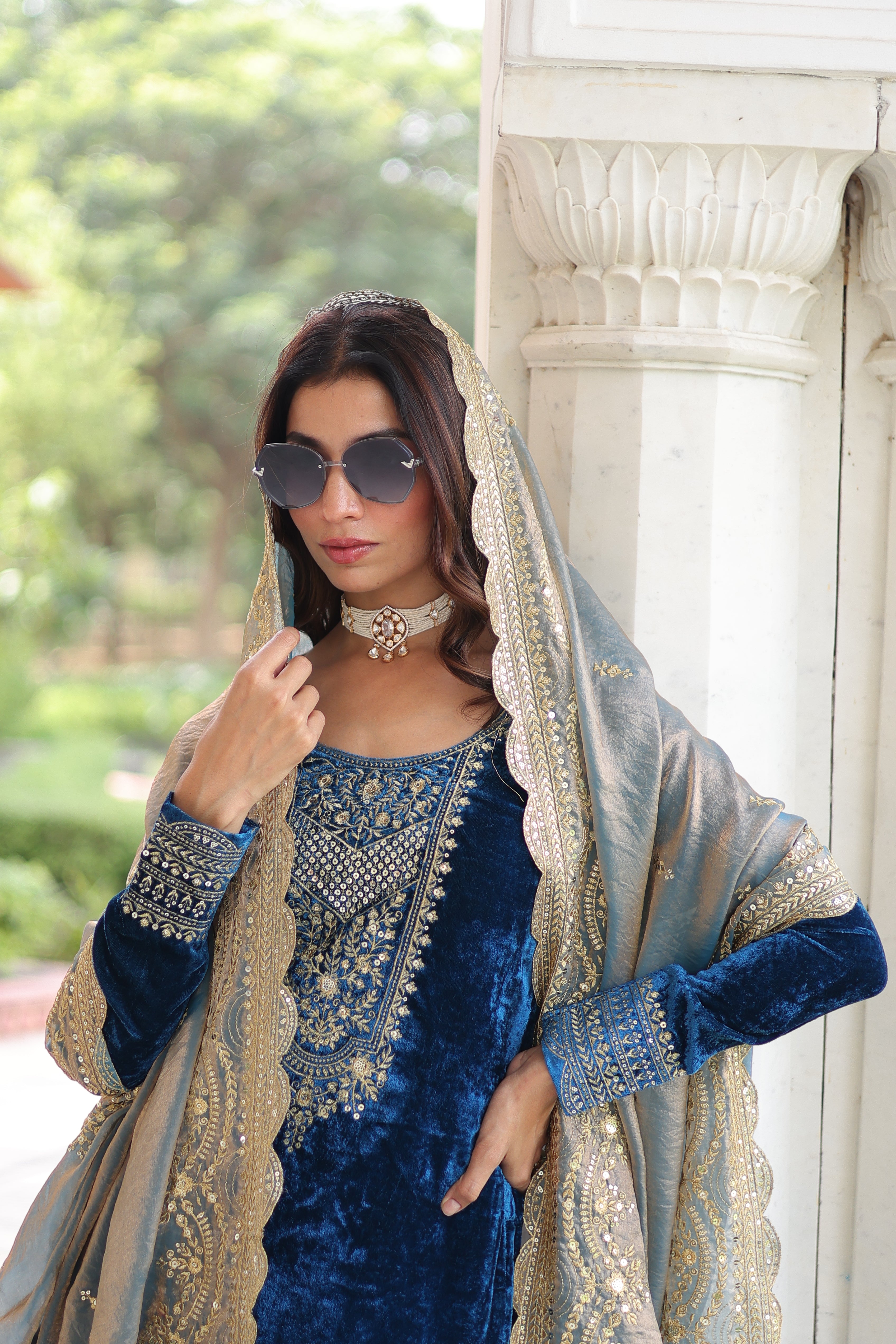 Velvet Sequins Embroidered Festive Salwar Kameez for Women