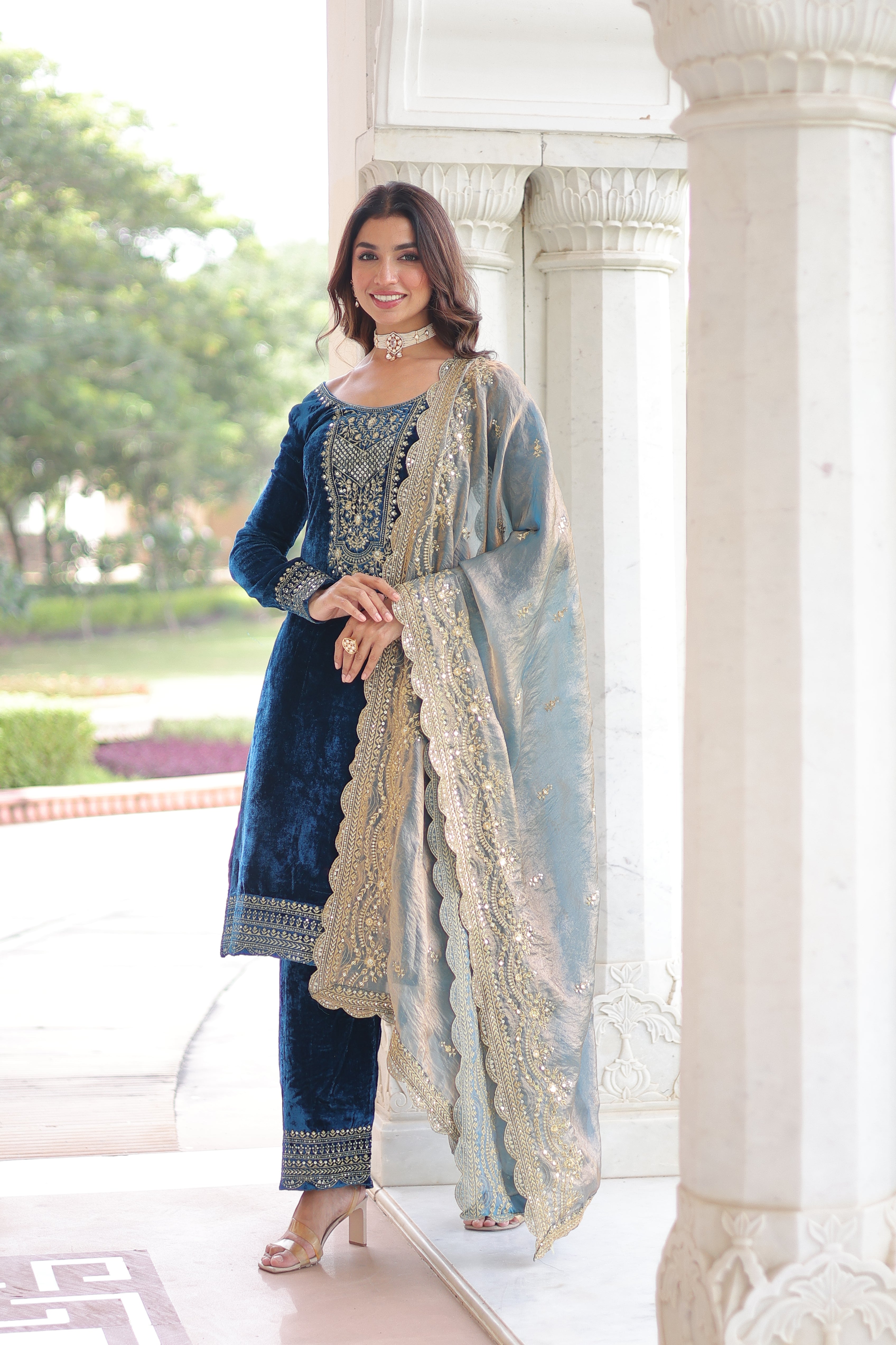 Velvet Sequins Embroidered Festive Salwar Kameez for Women