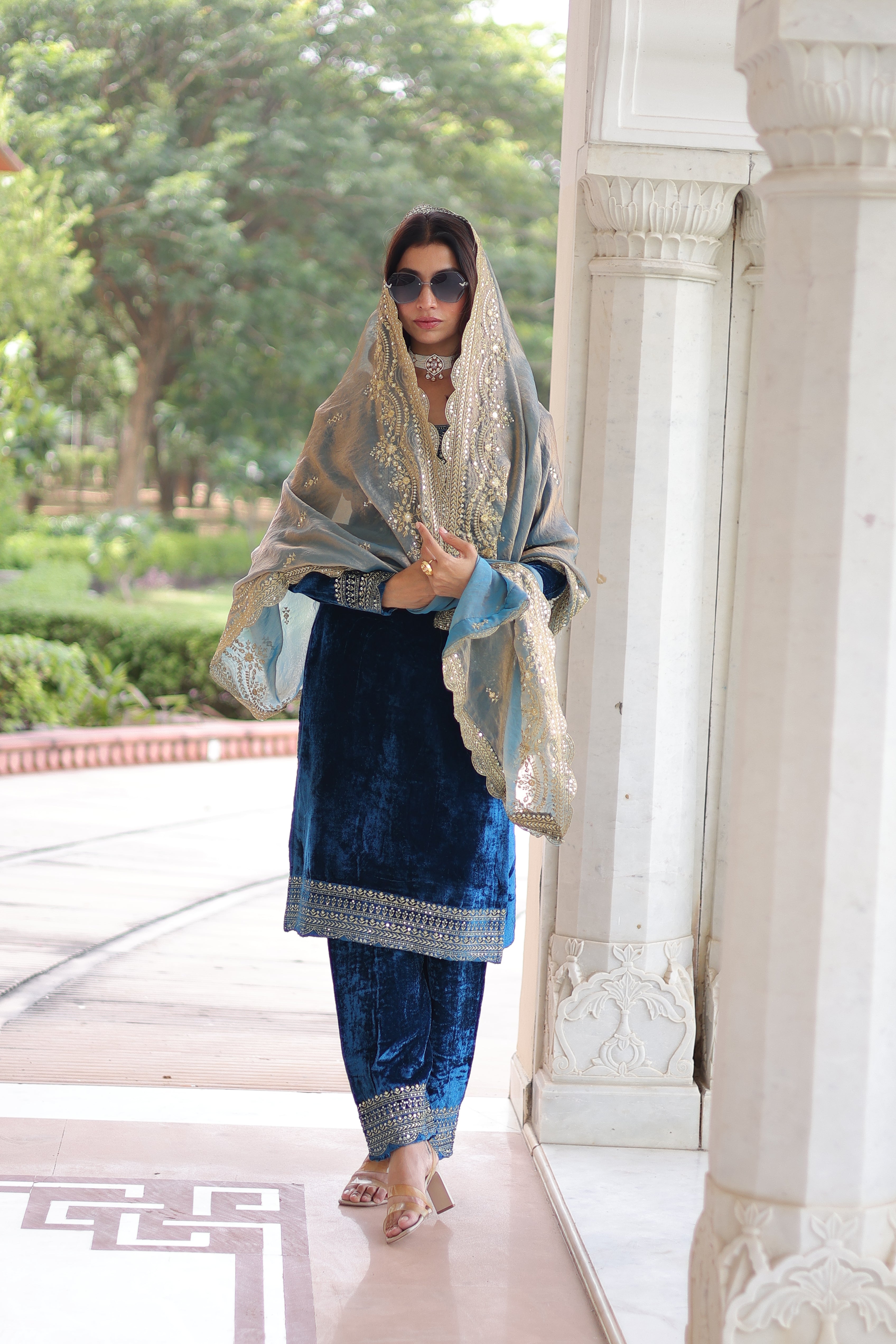 Velvet Sequins Embroidered Festive Salwar Kameez for Women