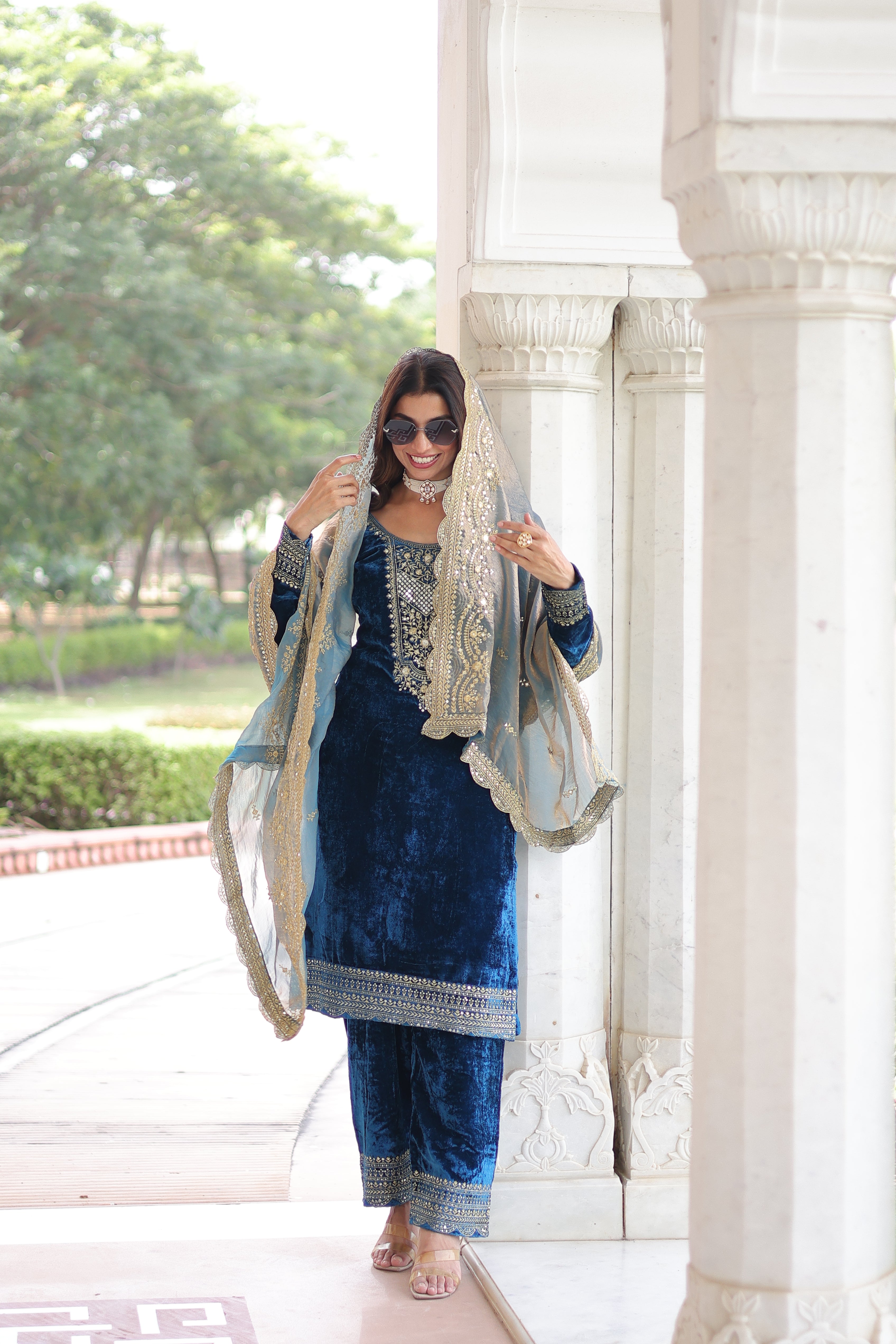 Velvet Sequins Embroidered Festive Salwar Kameez for Women