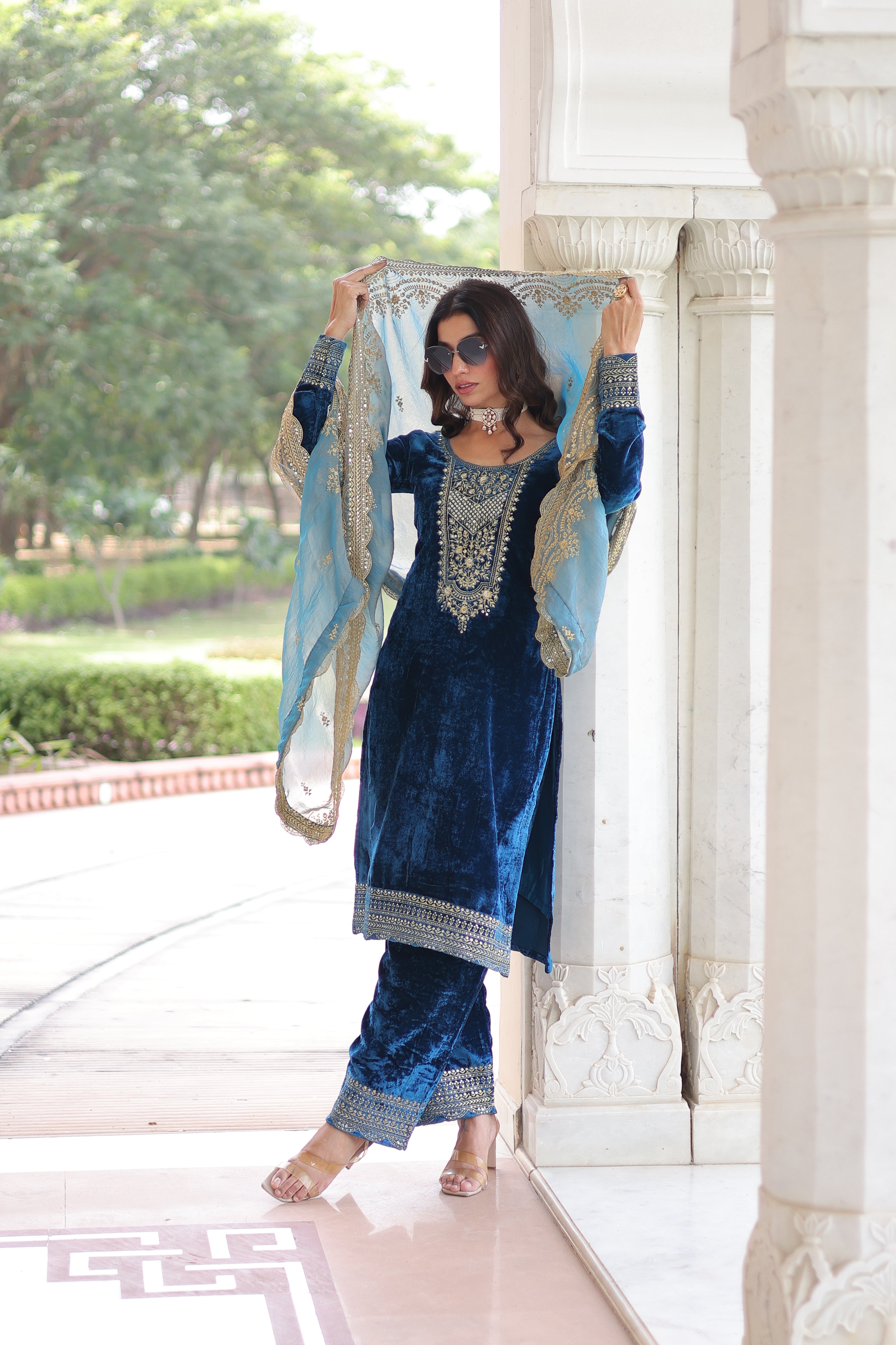 Velvet Sequins Embroidered Festive Salwar Kameez for Women