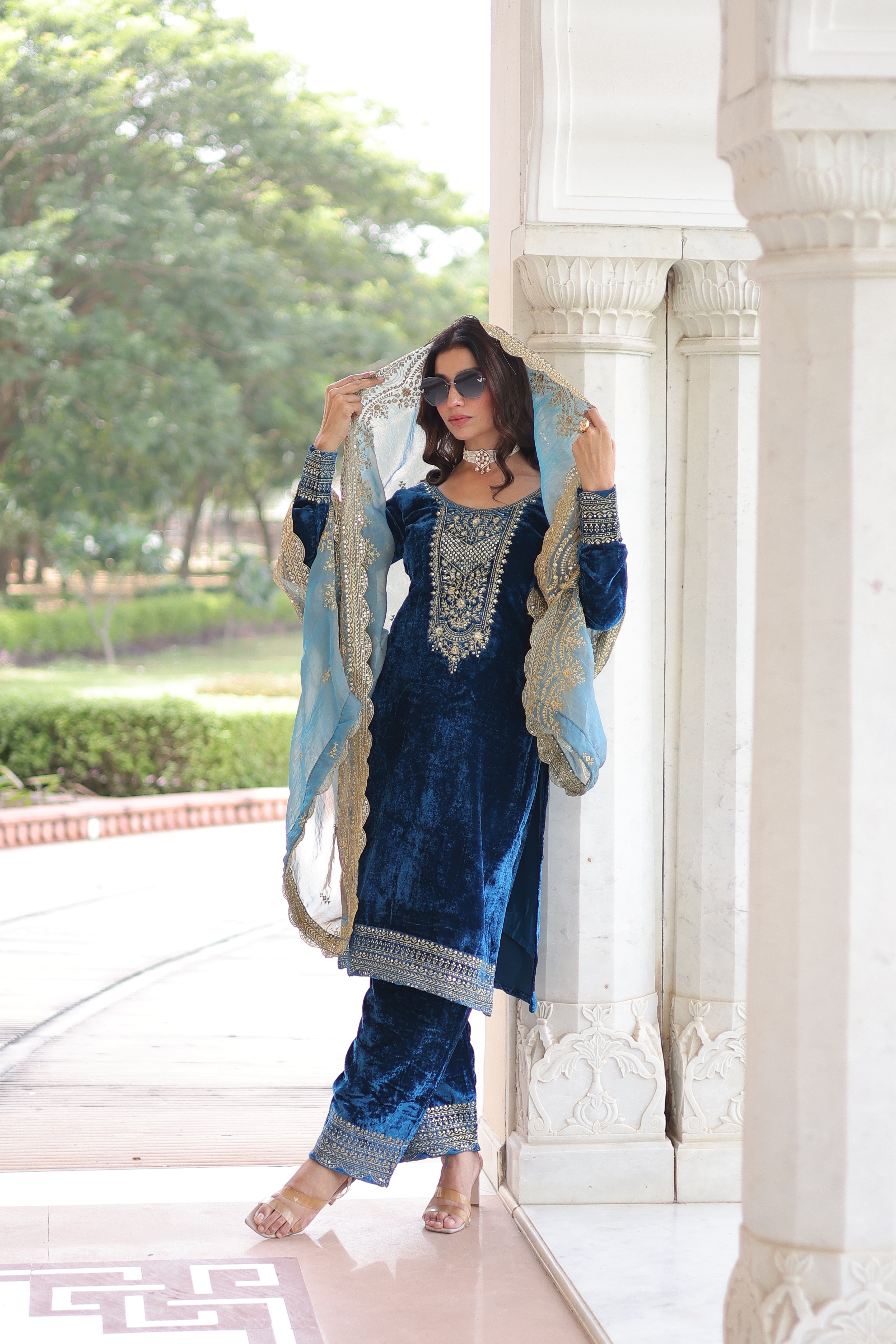 Velvet Sequins Embroidered Festive Salwar Kameez for Women