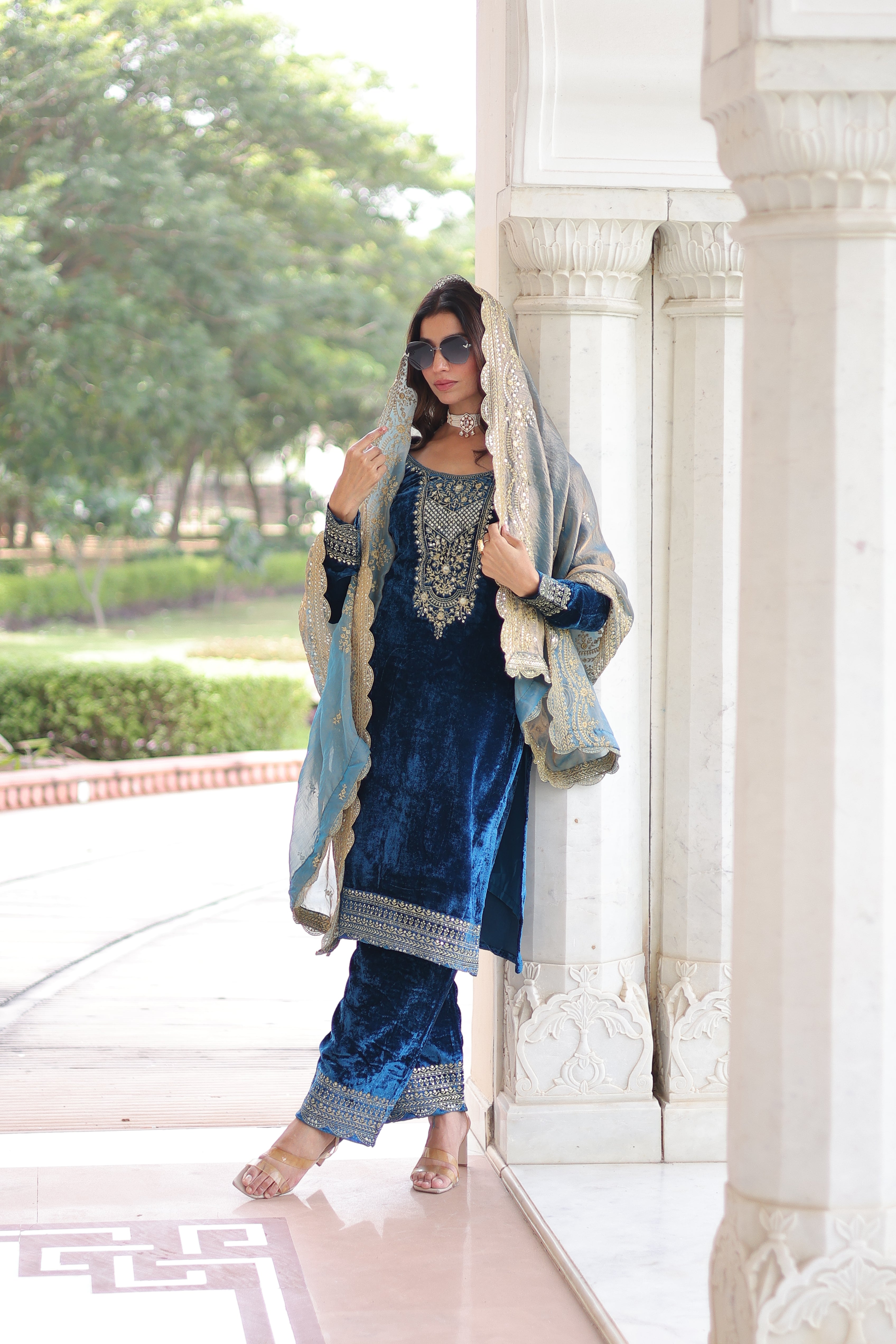 Velvet Sequins Embroidered Festive Salwar Kameez for Women