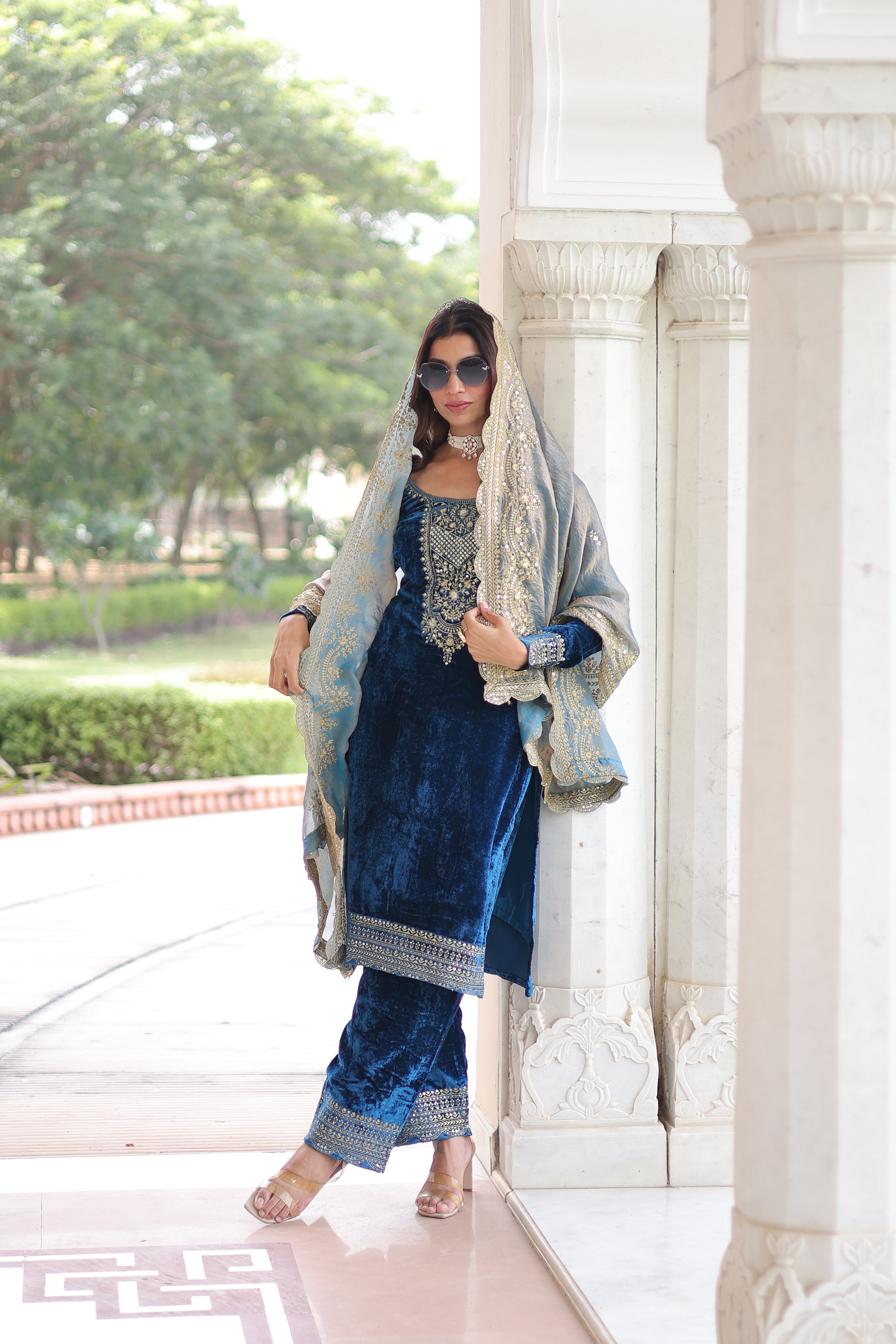 Velvet Sequins Embroidered Festive Salwar Kameez for Women