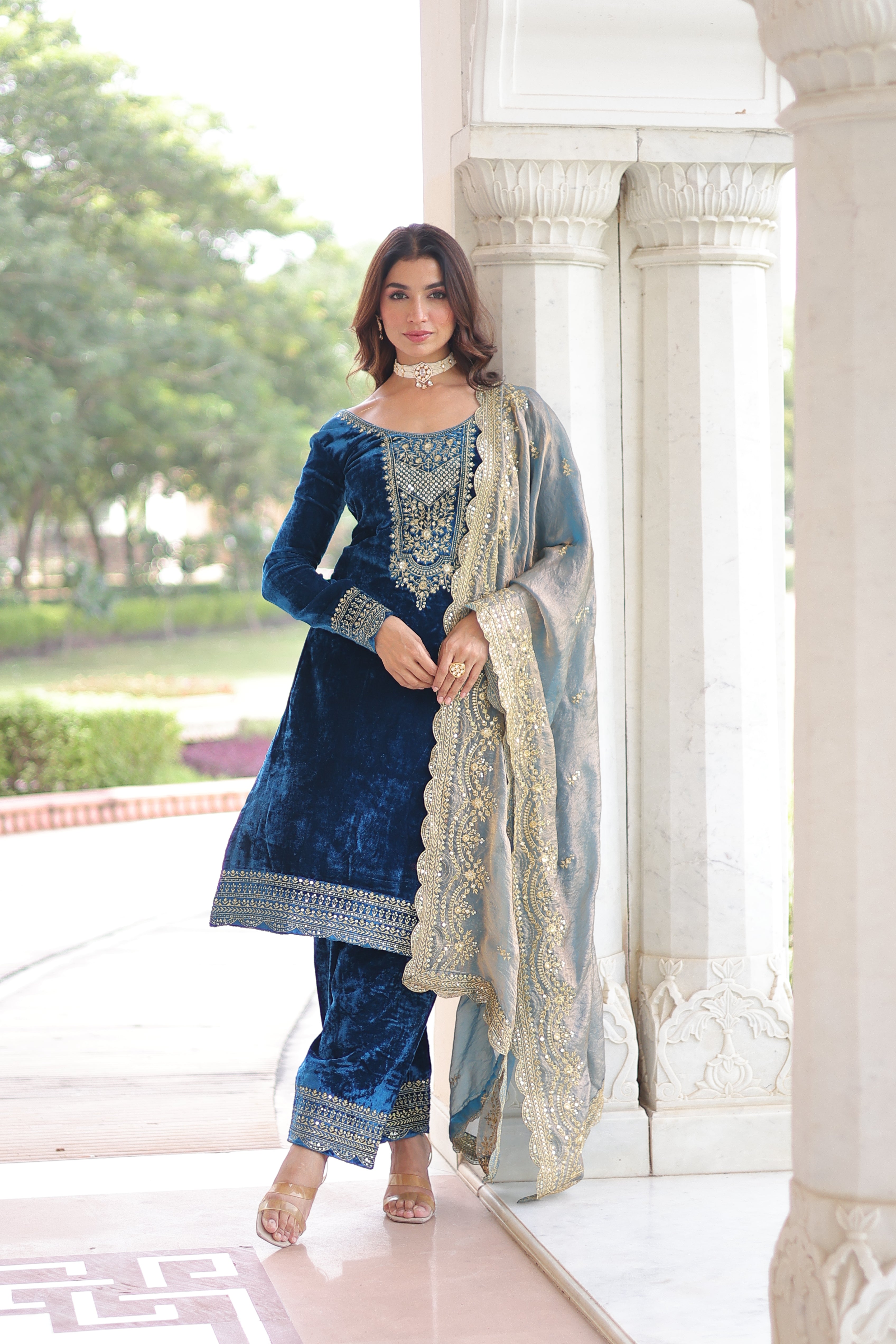 Velvet Sequins Embroidered Festive Salwar Kameez for Women